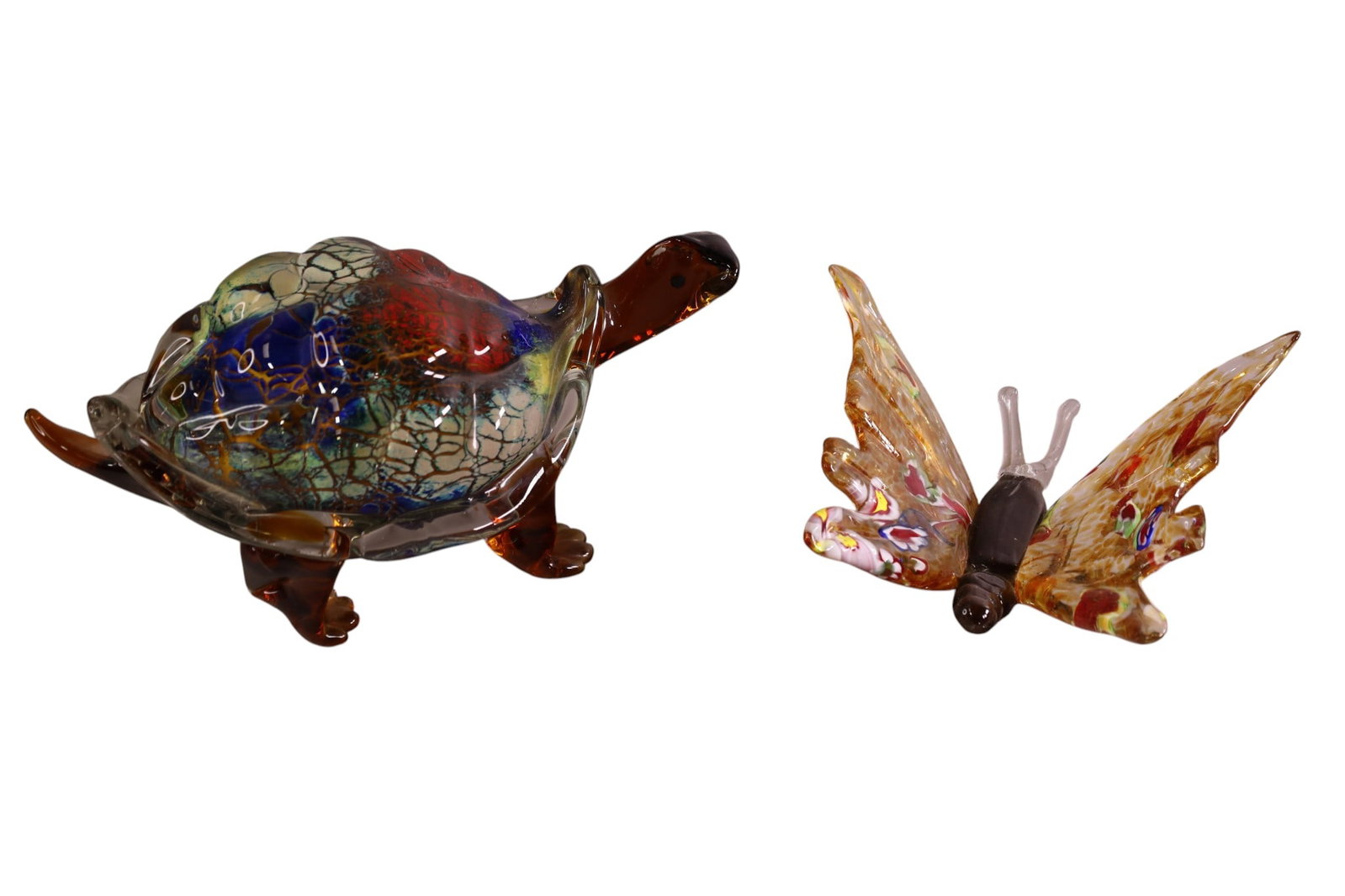 2 ART GLASS SCULPTURES: ART GLASS TURTLE & ART GLASS BUTTERFLY. 6 1/2" - 12" L.