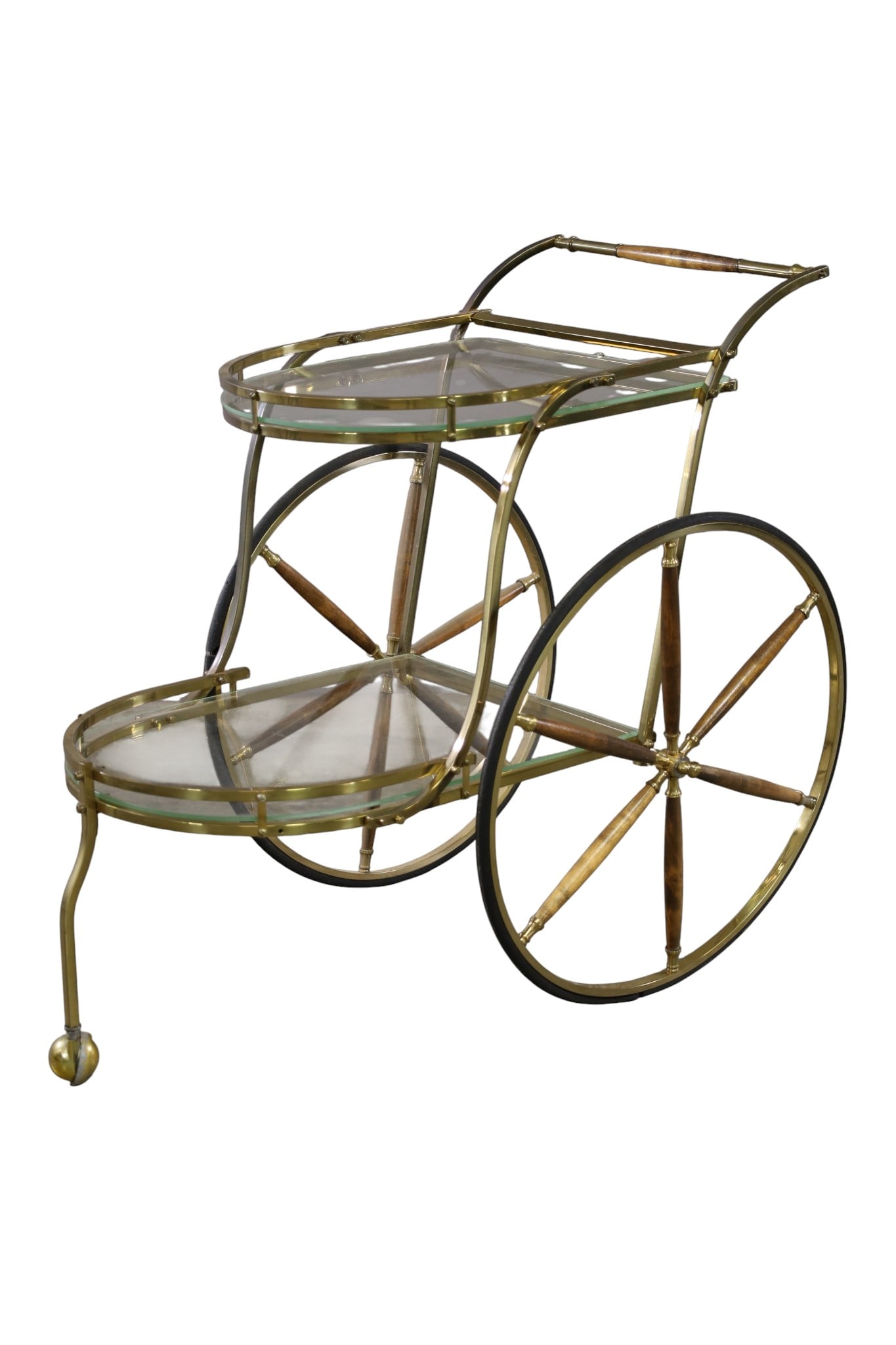 BRASS TEA CART: TWO TIER BRASS AND GLASS TEA CART WITH WOODEN SPOKES AND HANDLE. 22" W x 37" L x 34" H. THIS ITEM EXCEEDS SIZE LIMITATIONS FOR IN HOUSE SHIPPING, MUST BE PICKED UP IN HOUSE OR SHIPPED VIA 3rd PARTY