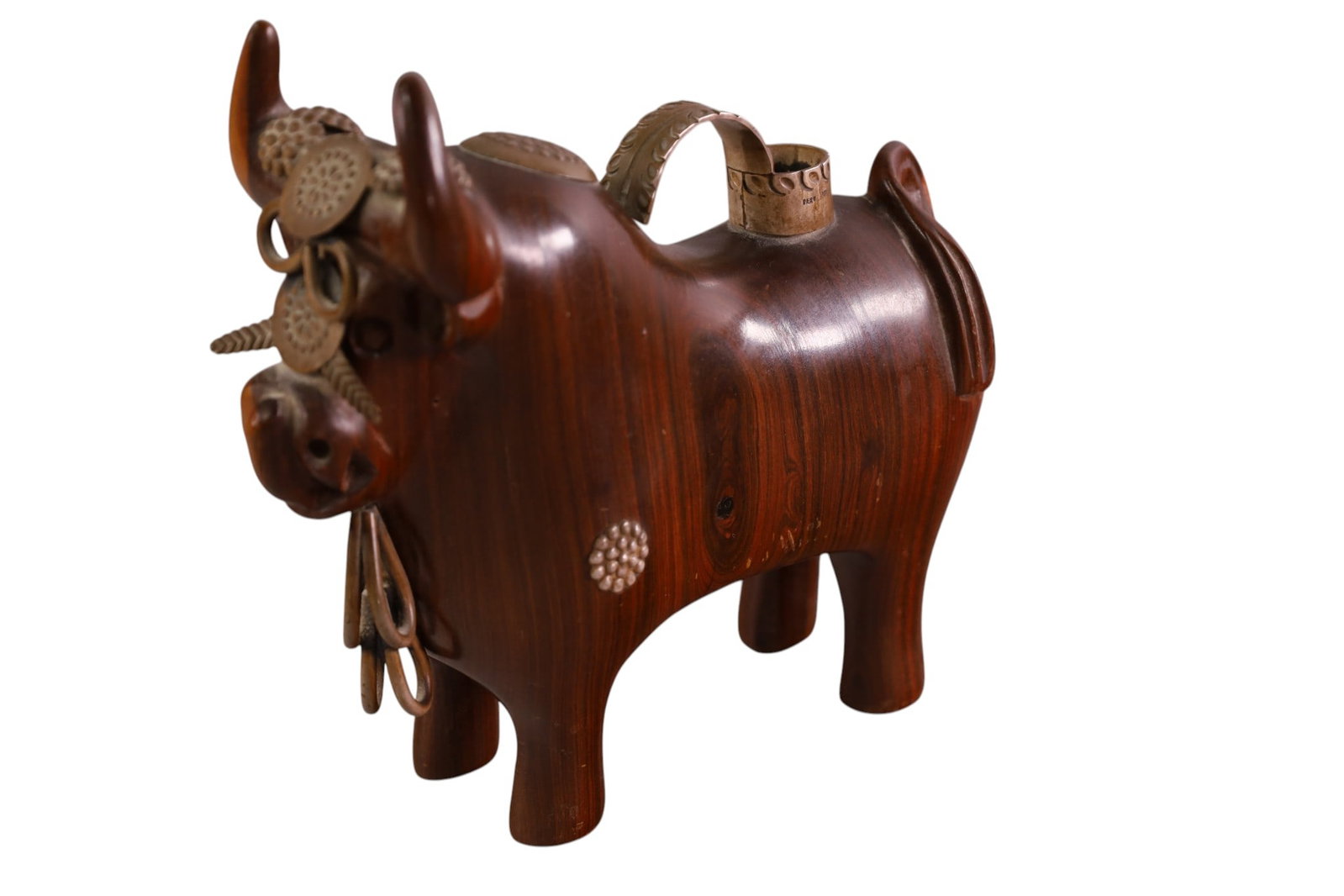 196O'S BULL WITH SILVER ACCENTS: 1960'S PERUVIAN TORITO DE PUCARA BULL FIGURE WITH STERLING SILVER ACCENTS, MARKED. 7" H.