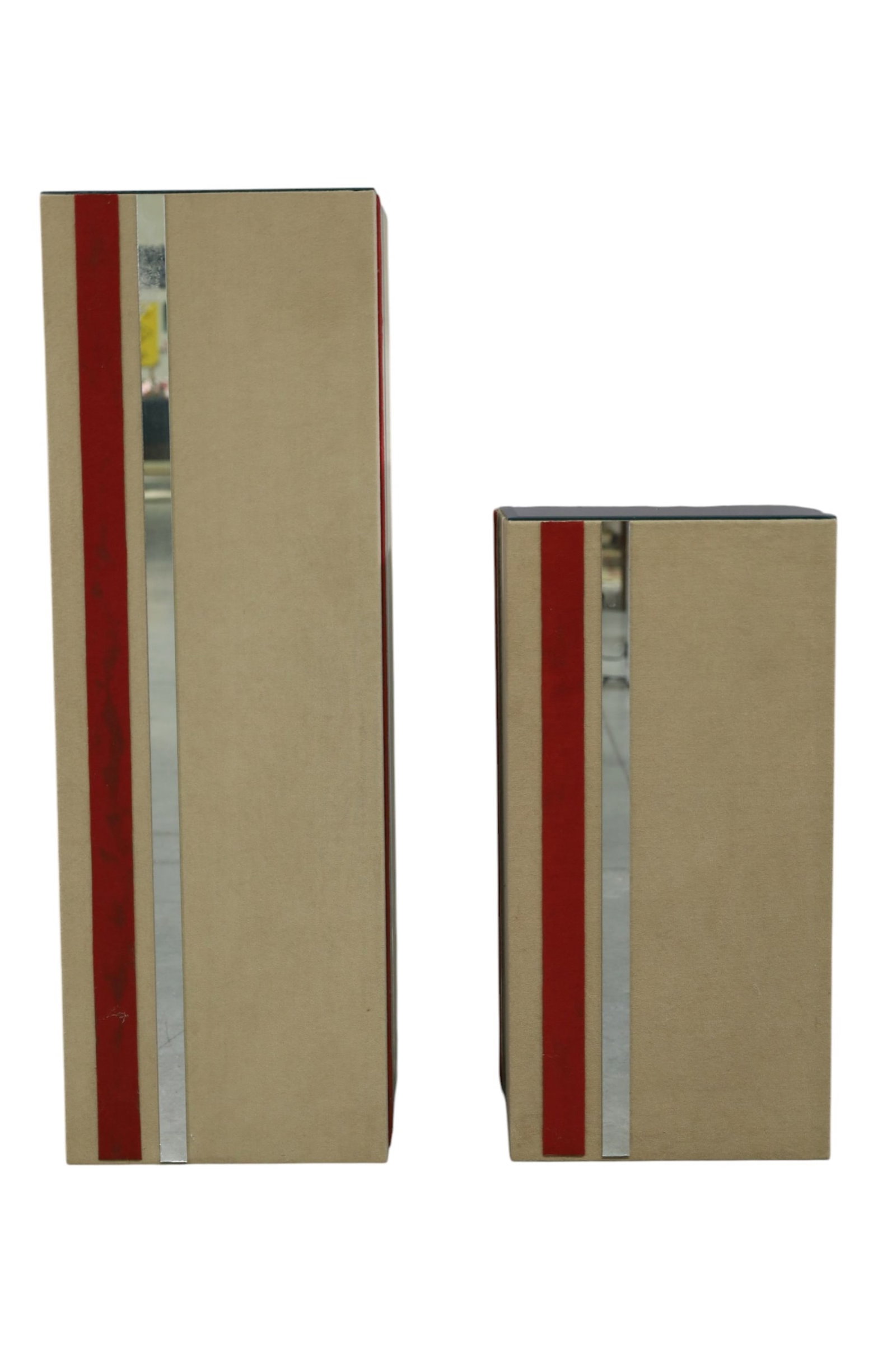 2 PEDESTALS: 2 CLOTH WRAPPED PEDESTALS WITH MIRRORED TOPS. 12" x 12" 24" & 36" H. THIS ITEM EXCEEDS SIZE LIMITATIONS FOR IN HOUSE SHIPPING, MUST BE PICKED UP IN HOUSE OR SHIPPED VIA 3rd PARTY GROUND SHIPPER.