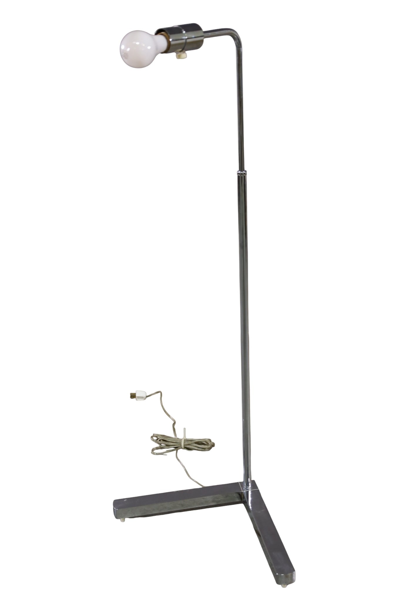 CHROME FLOOR LAMP: ADJUSTABLE HEIGHT CHROME FLOOR LAMP, SIGNED CASELLA, 42" H. AS SHOWN. THIS ITEM EXCEEDS SIZE LIMITATIONS FOR IN HOUSE SHIPPING, MUST BE PICKED UP IN HOUSE OR SHIPPED VIA 3rd PARTY GROUND SHIPPER.