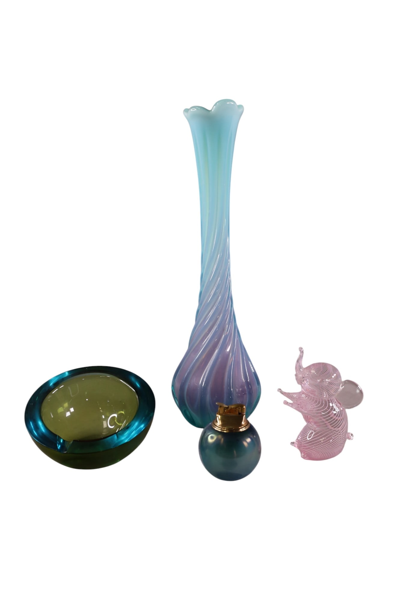 4 PIECES OF ART GLASS: MURANO STYLE ASHTRAY, VASE, ELEPHANT, AND LIGHTER. 3 1/2" - 17" H.