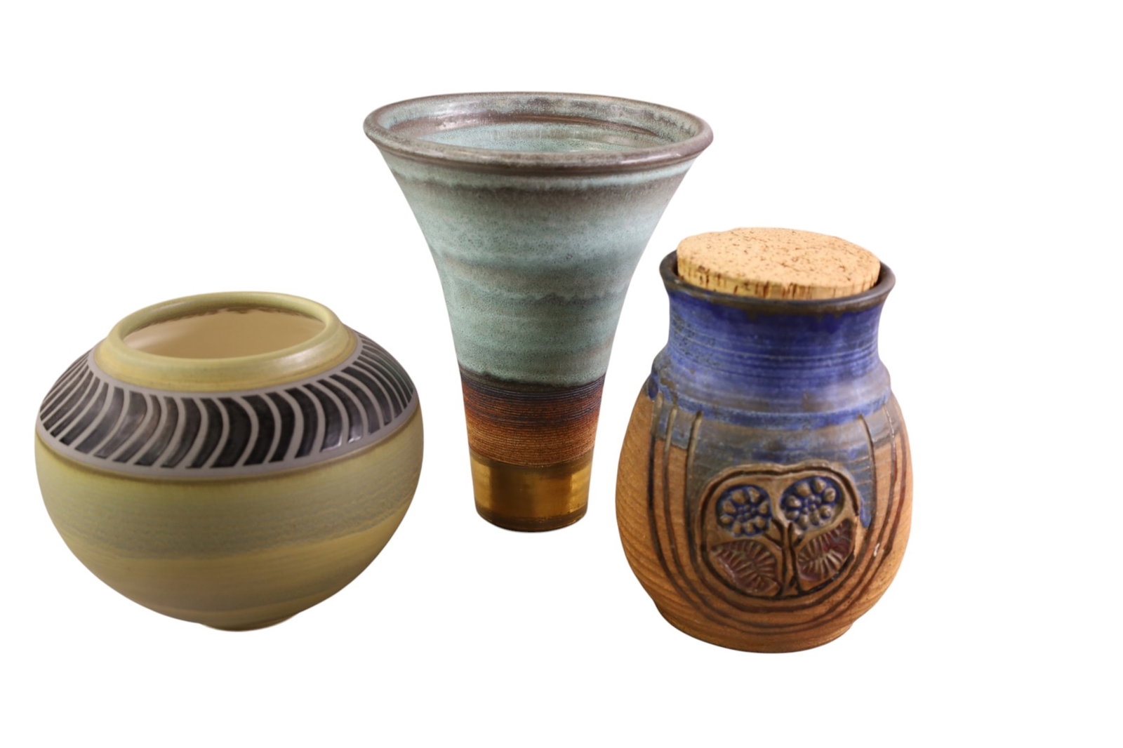 3 PCS OF STUDIO POTTERY: 3 STUDIO POTTERY VASES. 7" - 11" H.