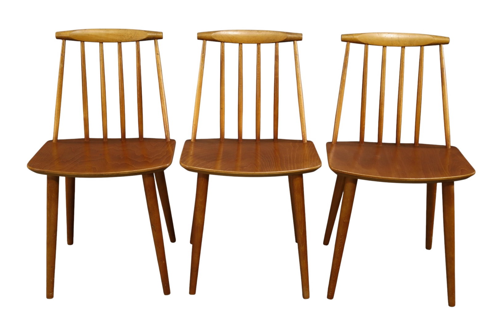 SET OF 3 MCM SIDE CHAIRS: SET OF 3 DANISH SPINDLE BACK DINING CHAIRS, FOLKE POLSSON FOR FDB. 17" W x 14 1/2" D x 31" H. THIS ITEM EXCEEDS SIZE LIMITATIONS FOR IN HOUSE SHIPPING, MUST BE PICKED UP IN HOUSE OR SHIPPED VIA 3rd PA