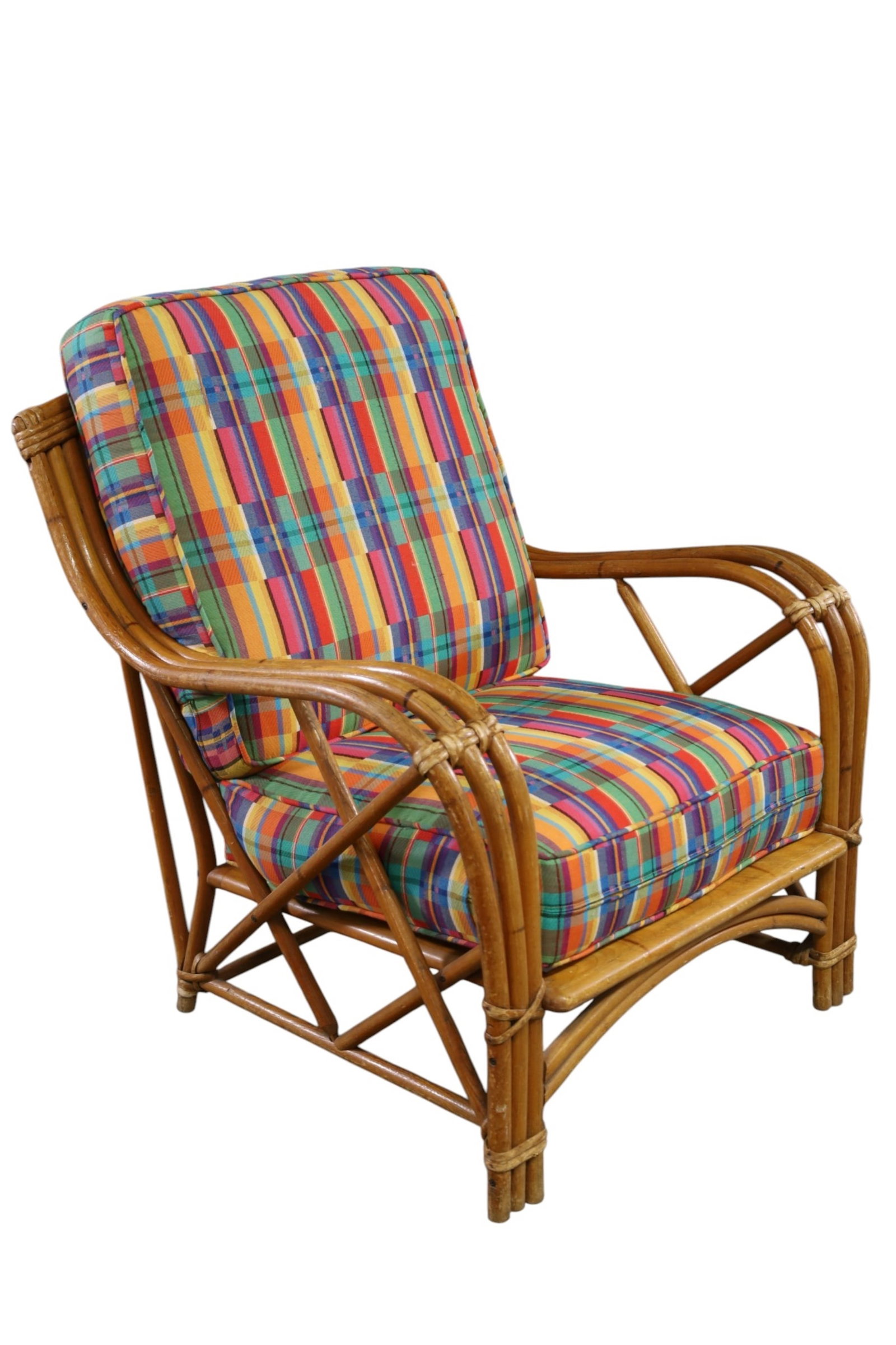 BAMBOO LOUNGE CHAIR: VINTAGE BAMBOO LOUNGE CHAIR, 30" W x 30" D x 34" H. THIS ITEM EXCEEDS SIZE LIMITATIONS FOR IN HOUSE SHIPPING, MUST BE PICKED UP IN HOUSE OR SHIPPED VIA 3rd PARTY GROUND SHIPPER.