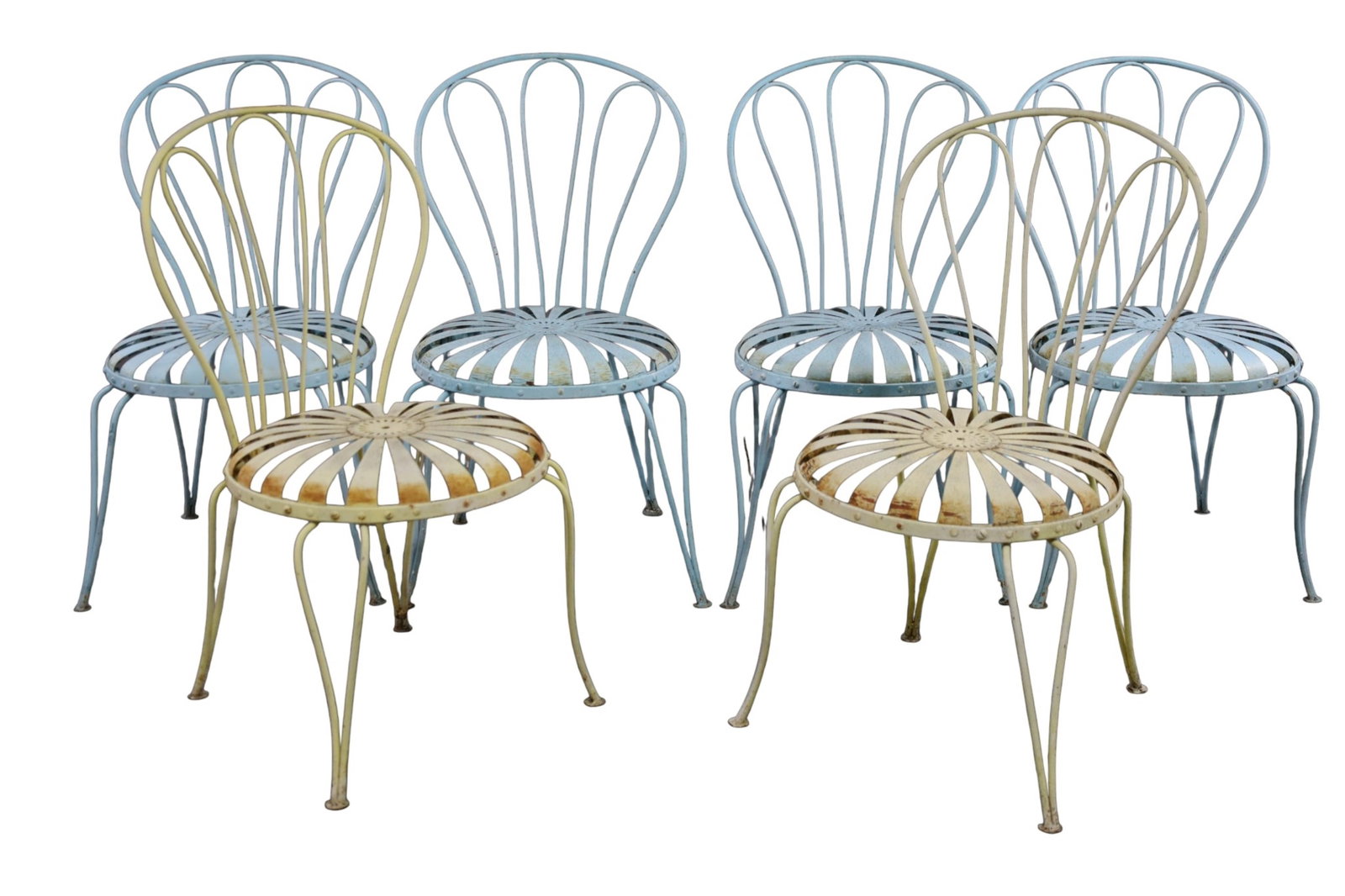 6 FRANCOIS CARRE PATIO CHAIRS: 4 BLUE & 2 YELLOW VINTAGE FRANCOIS CARRE SUNBURST PATIO CHAIRS. PAINT LOSS AND RUST. 18" DIAM x 34" H. THIS ITEM EXCEEDS SIZE LIMITATIONS FOR IN HOUSE SHIPPING, MUST BE PICKED UP IN HOUSE OR SHIPPED