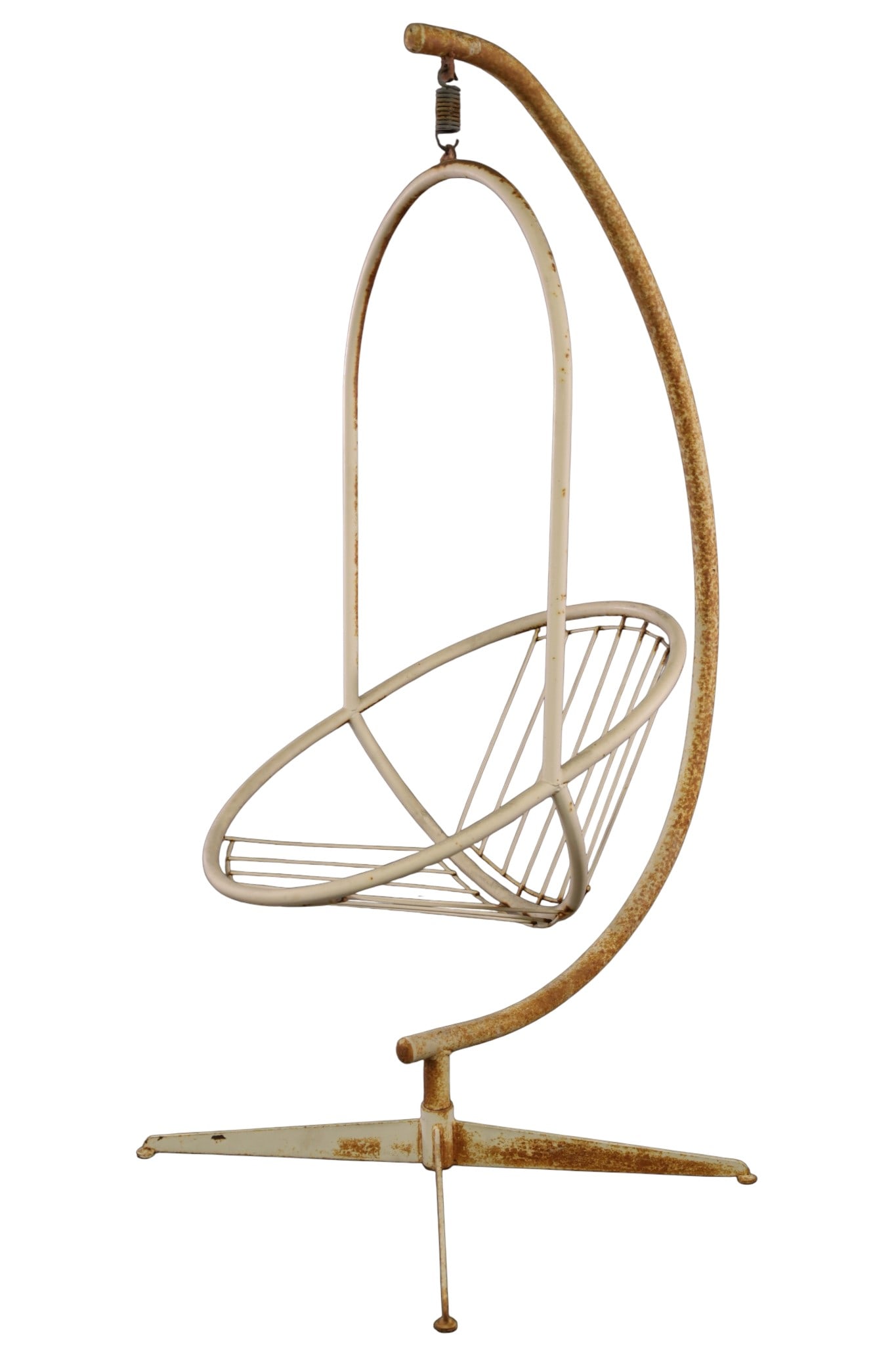 MCM HANGING SWING CHAIR: VINTAGE OUTDOOR HANGING CHAIR, RUST, PAINT LOSS. 28" W x 32" D x 71" H. THIS ITEM EXCEEDS SIZE LIMITATIONS FOR IN HOUSE SHIPPING, MUST BE PICKED UP IN HOUSE OR SHIPPED VIA 3rd PARTY GROUND SHIPPER.