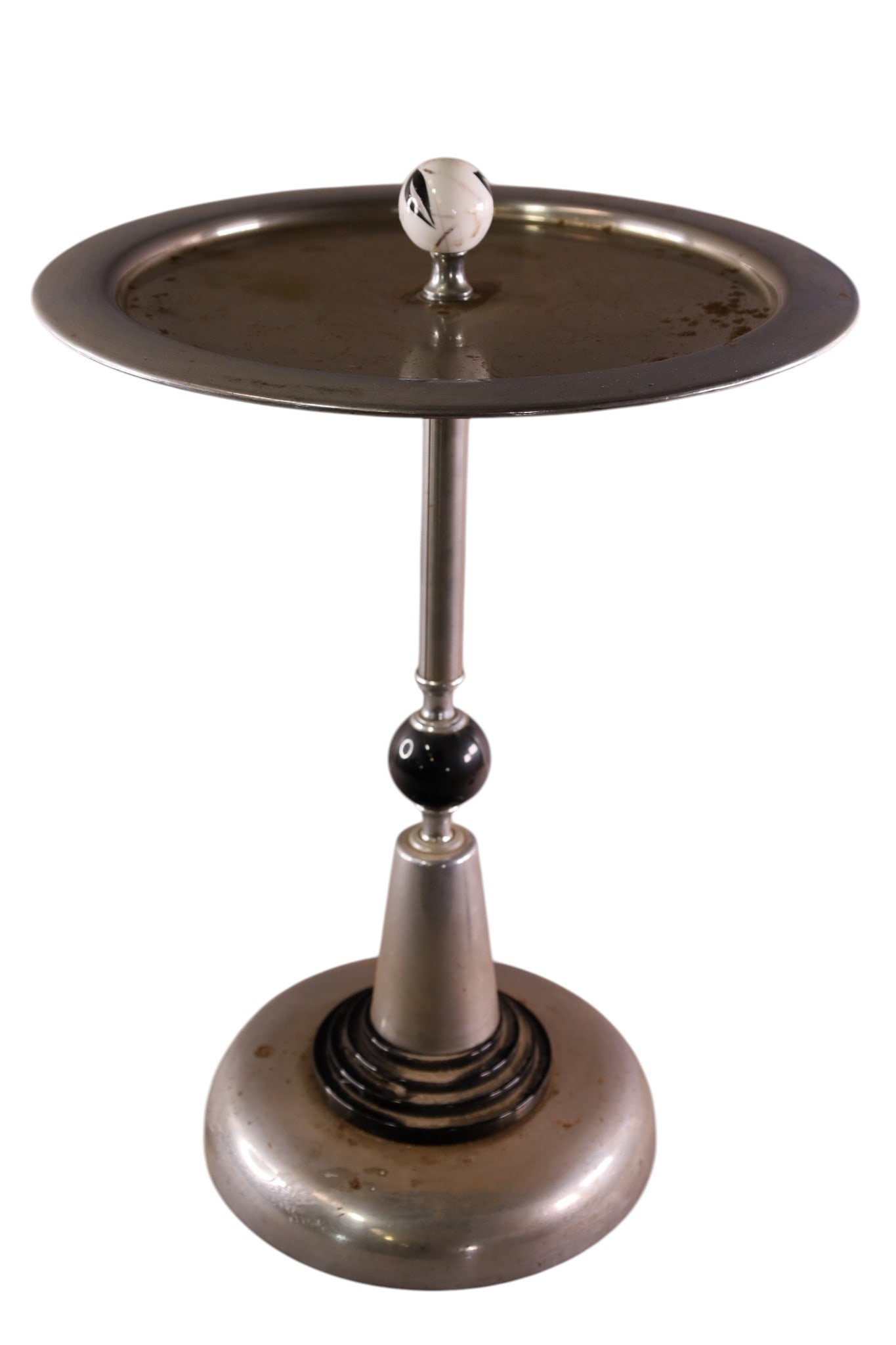 CHROME ART DECO SMOKESTAND: CHROME SMOKESTAND, ART DECO, HEAVY PITTING. 16" DIAM x 23" H. THIS ITEM EXCEEDS SIZE LIMITATIONS FOR IN HOUSE SHIPPING, MUST BE PICKED UP IN HOUSE OR SHIPPED VIA 3rd PARTY GROUND SHIPPER.