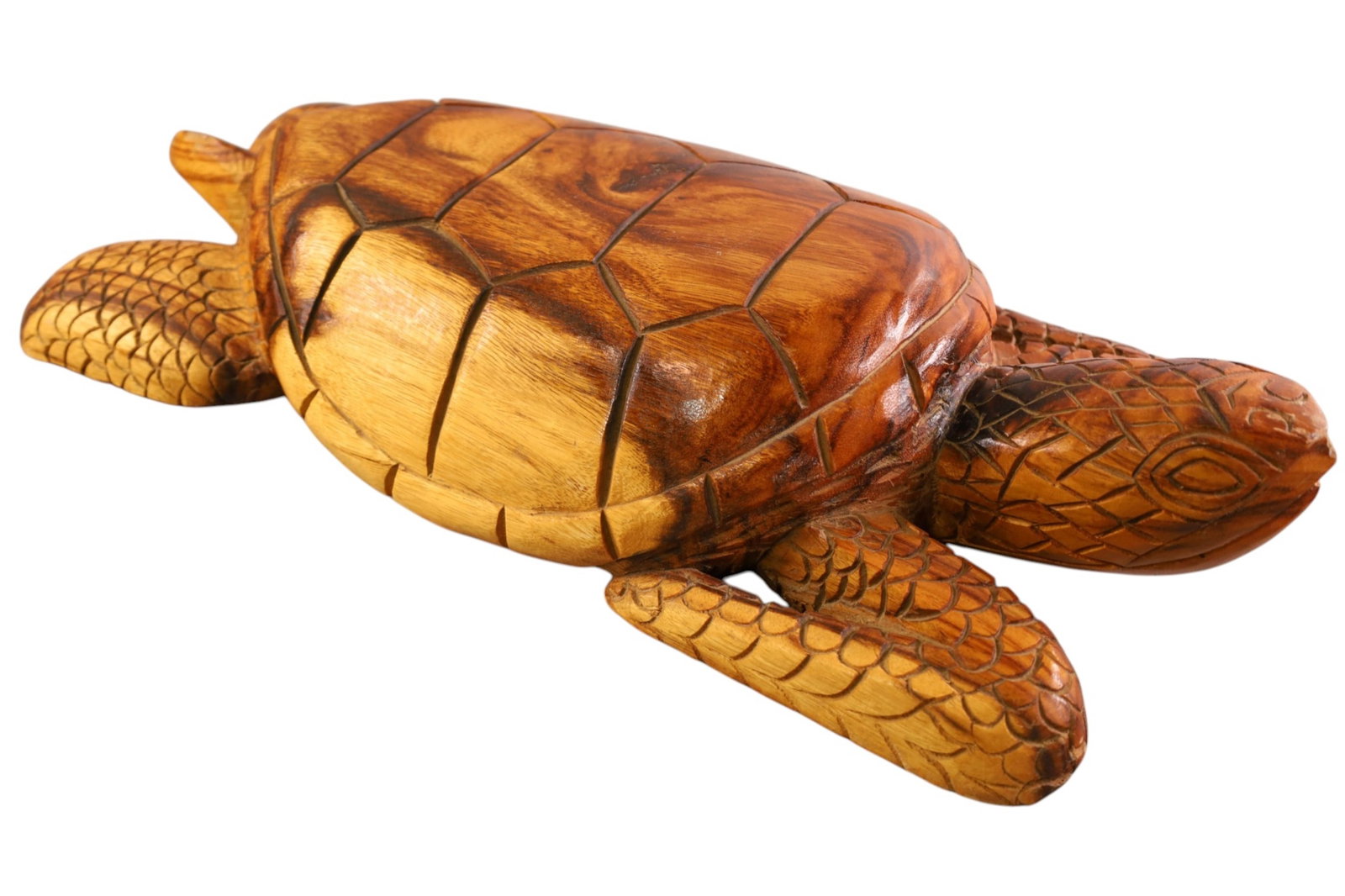CARVED HAWAIIAN WOODEN TURTLE: CARVED WOODEN TURTLE, SIGNED TAU. 23" L. x 10 1/2" H.