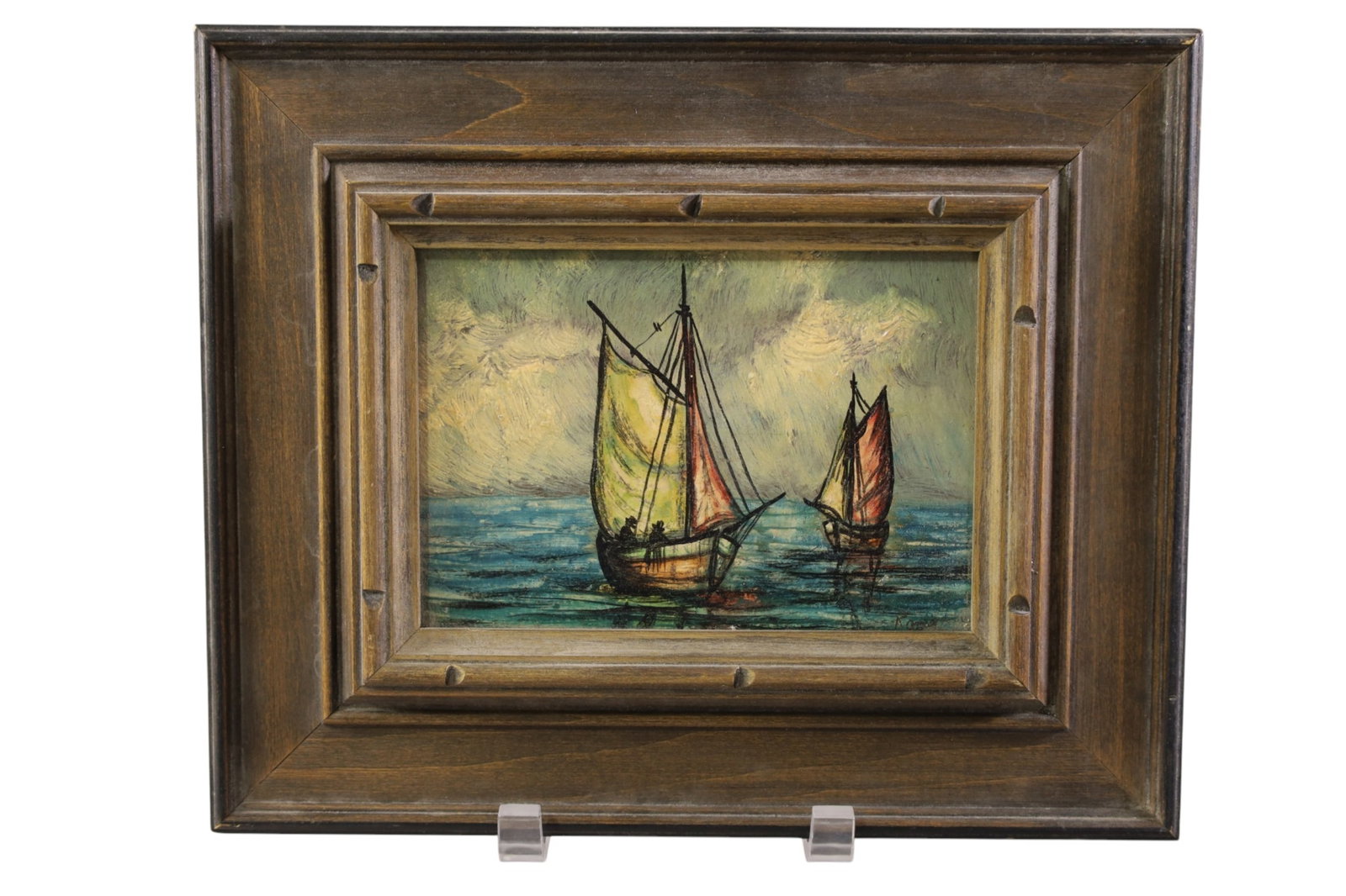 MINIATURE SHIP PAINTING: SMALL FRAMED SHIP PAINTING, 11 1/2" x 9 1/2" IN FRAME
