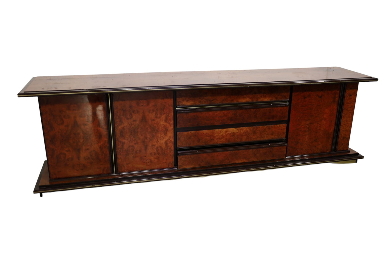 LARGE BURLED BUFFET: LARGE CONTEMPORARY 3 DOOR BURLED BUFFET WITH FOUR LOWER DRAWERS. DAMGE TO VENEER, SOME CHIPS TO CORNERS. 110" L x 22" D x 31" H. THIS ITEM EXCEEDS SIZE LIMITATIONS FOR IN HOUSE SHIPPING, MUST BE