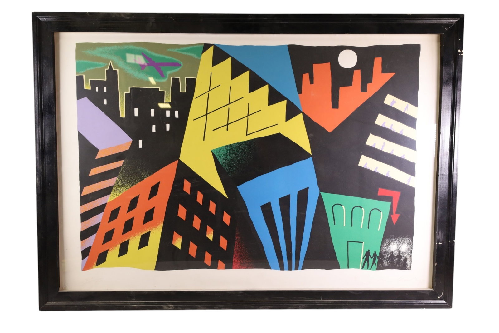 TIMOTHY DENIS CLARK SERIGRAPH: LARGE FRAMED SERIGRAPH, TIMOTHY DENIS CLARK, SIGNED LOWER RIGHT, No 24/45. WITH ARTIST IMPRESSED STAMP, TITLED PLANE IN THE CITY. 41" x 28" IMAGE SIZE.