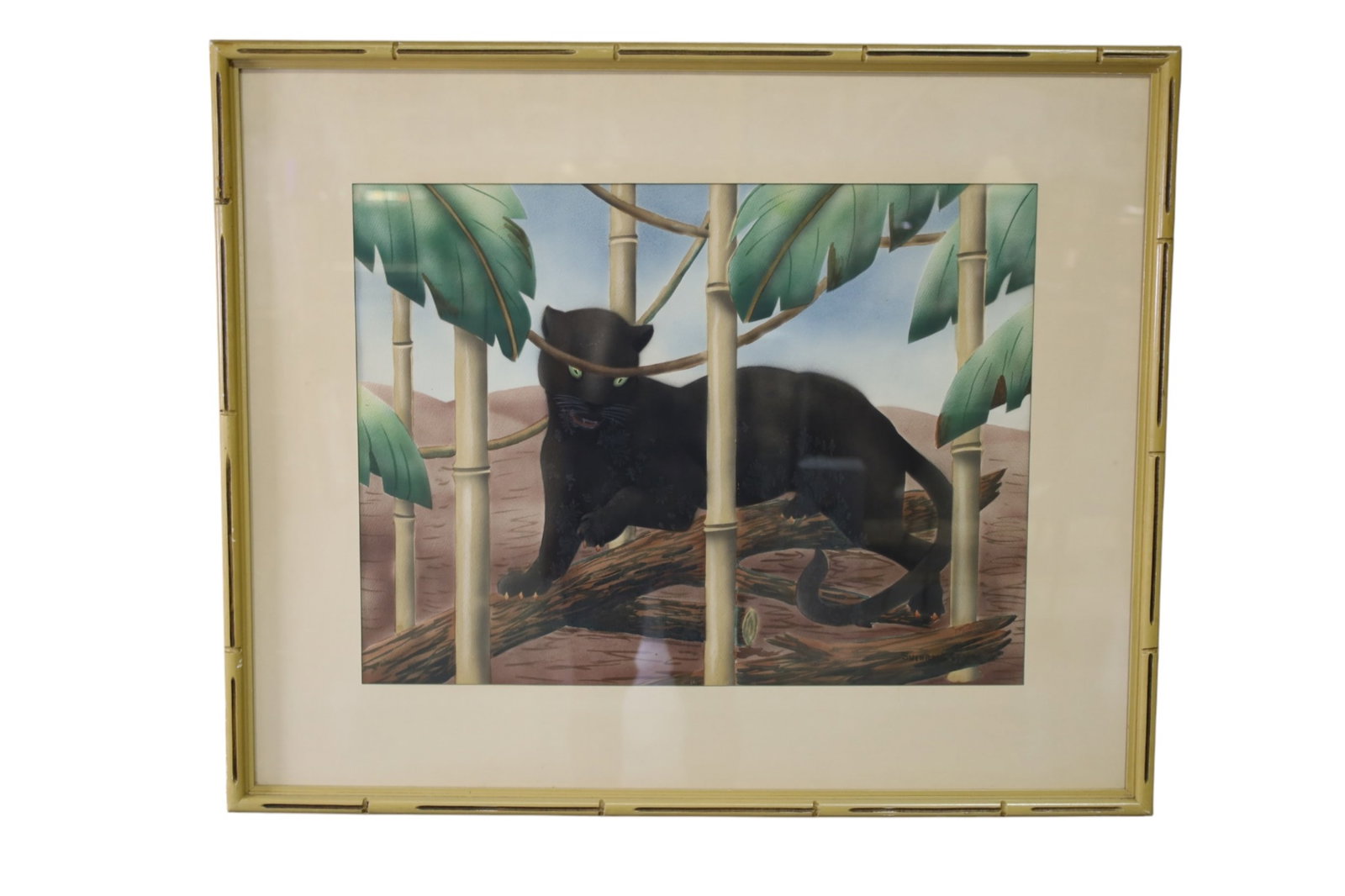 SHIRRELL GRAVES BLACK PANTHER PRINT: AIRBRUSH WATERCOLOR FRAMED PRINT, IN FAUX BAMBOO FRAME. SIGNED LOWER RIGHT. 23 1/2" X 18" IMAGE SIZE / 33 1/2" x 27" IN FRAME.
