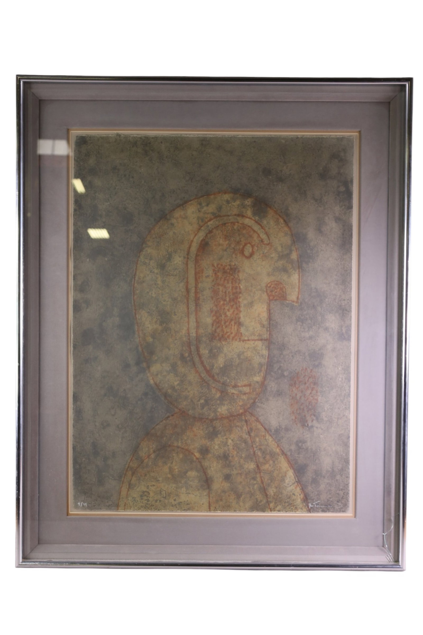 RUFINO TOMAYO COLORED ETCHING: LARGE FRAMED COLORED ETCHING, RUFINO TOMAYO, TITLED PROFILE OF A MAN. SIGNED LOWER RIGHT. No 9/99. BREAK IN GLASS. 22" x 29" IMAGE SIZE / 30" x 38" IN FRAME. THIS ITEM EXCEEDS SIZE LIMITATIONS FOR IN