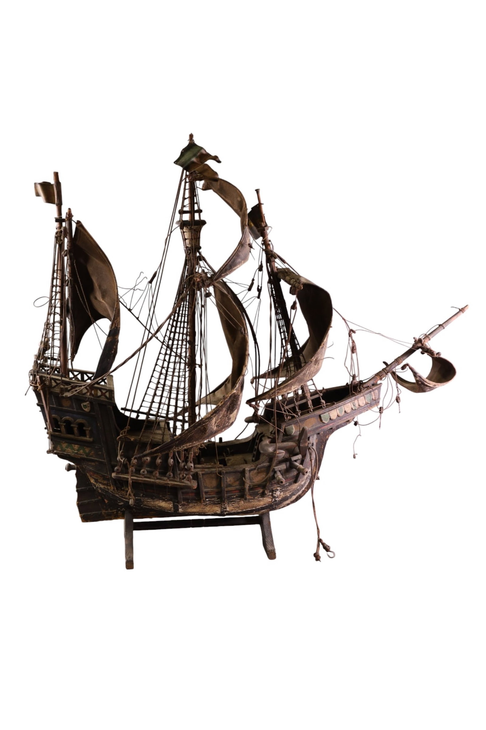 LARGE SHIP SCULPTURE: LARGE WOODEN SAIL SHIP SCULPTURE, REPAIR TO MAST, 36" L x 34" H. THIS ITEM EXCEEDS SIZE LIMITATIONS FOR IN HOUSE SHIPPING, MUST BE PICKED UP IN HOUSE OR SHIPPED VIA 3rd PARTY GROUND SHIPPER.