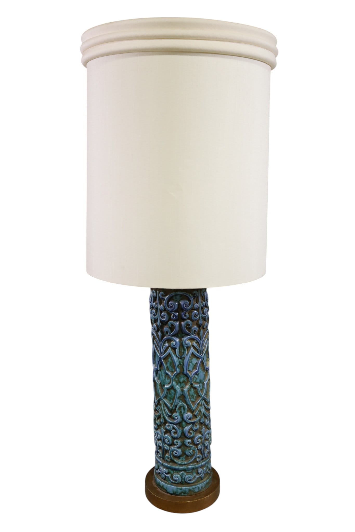 MONUMENTAL MCM TABLE LAMP: REMBRANDT MID CENTURY MODERN CERAMIC TABLE LAMP, WITH LARGE FABRIC SHADE. 51" H. THIS ITEM EXCEEDS SIZE LIMITATIONS FOR IN HOUSE SHIPPING, MUST BE PICKED UP IN HOUSE OR SHIPPED VIA 3rd PARTY GROUND