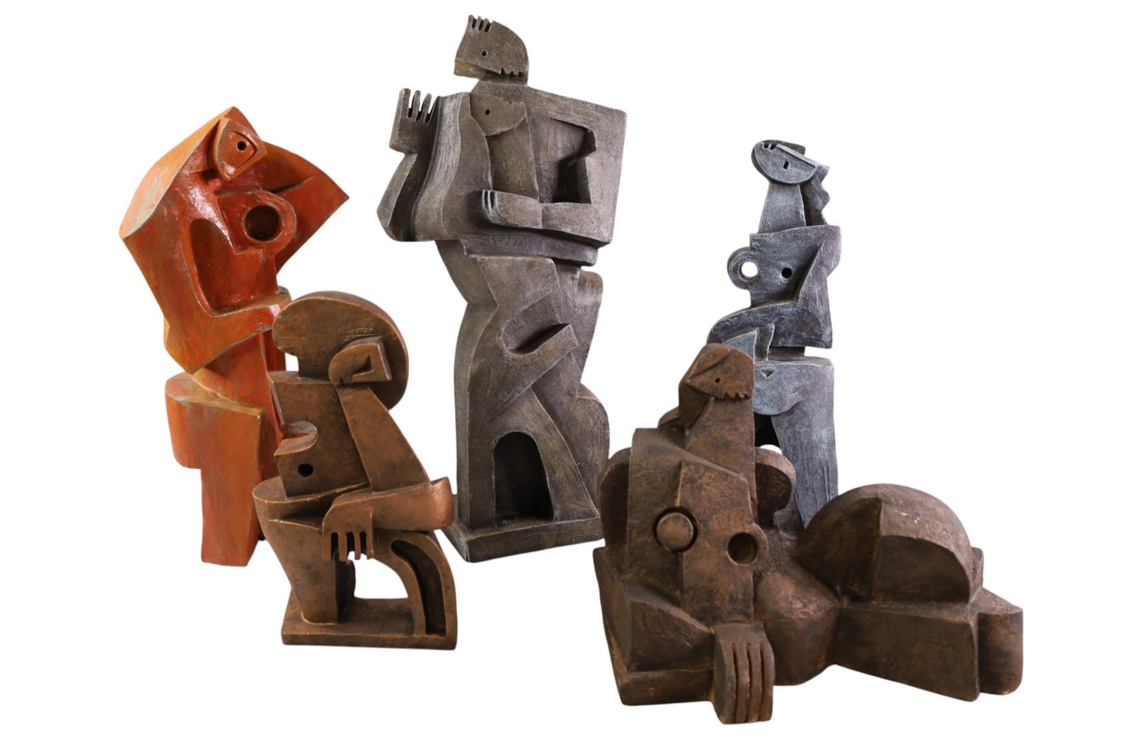5 ABSTRACT SCULPTURES: 5 ABSTRACT CUBIST SCULPTURES, BY PASCAL JARRION, 9" - 17" H.