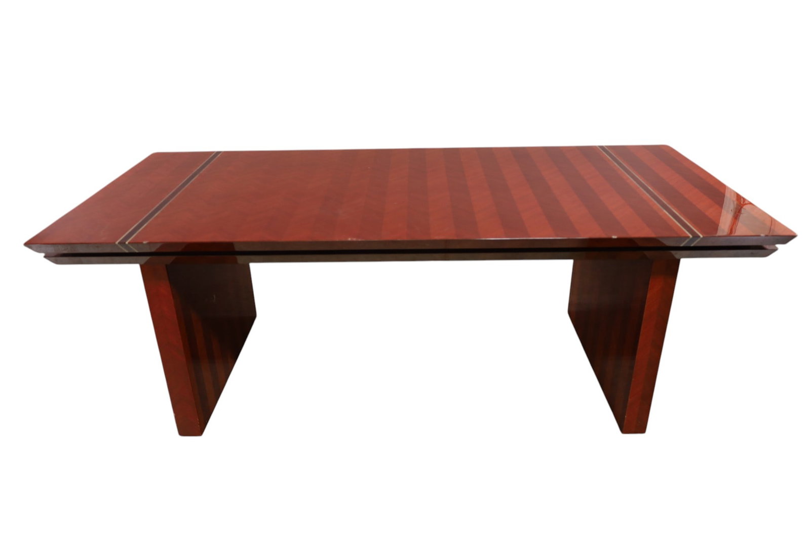 ART DECO STYLE EXECUTIVE DESK: LARGE CONTEMPORARY HIGH GLOSS, ART DECO STYLE EXECUTIVE DESK, SCRATCHES, CHIPS TO VENEER. 75" W x 35" D x 29" H. THIS ITEM EXCEEDS SIZE LIMITATIONS FOR IN HOUSE SHIPPING, MUST BE PICKED UP IN HOUSE