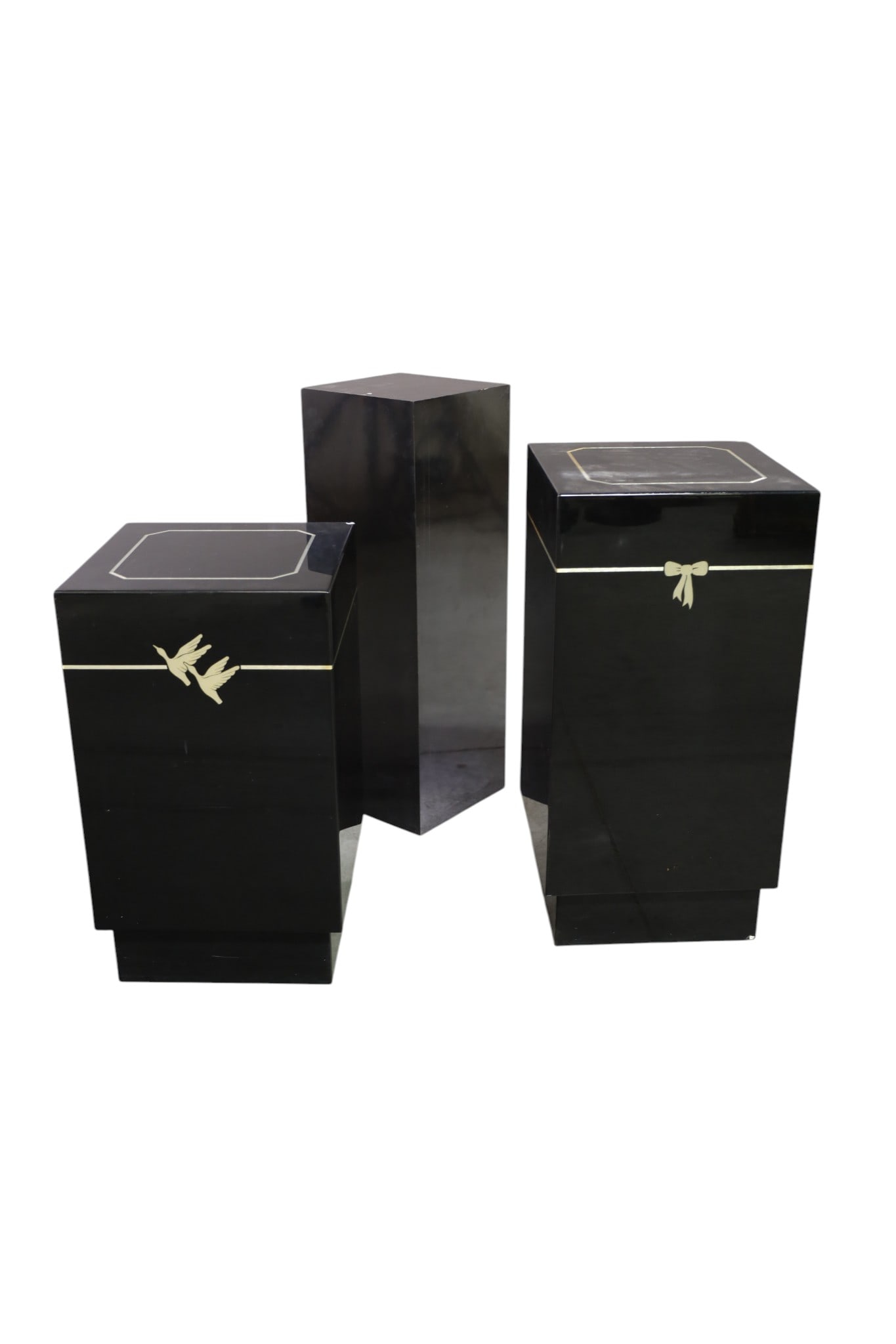 3 PEDESTALS: GROUPING OF 3 PEDESTALS, 14 x 14" x 24" & 28" & 10" x 10" x 30" H. SCRATCHES AND SCUFFS. THIS ITEM EXCEEDS SIZE LIMITATIONS FOR IN HOUSE SHIPPING, MUST BE PICKED UP IN HOUSE OR SHIPPED VIA 3rd PARTY