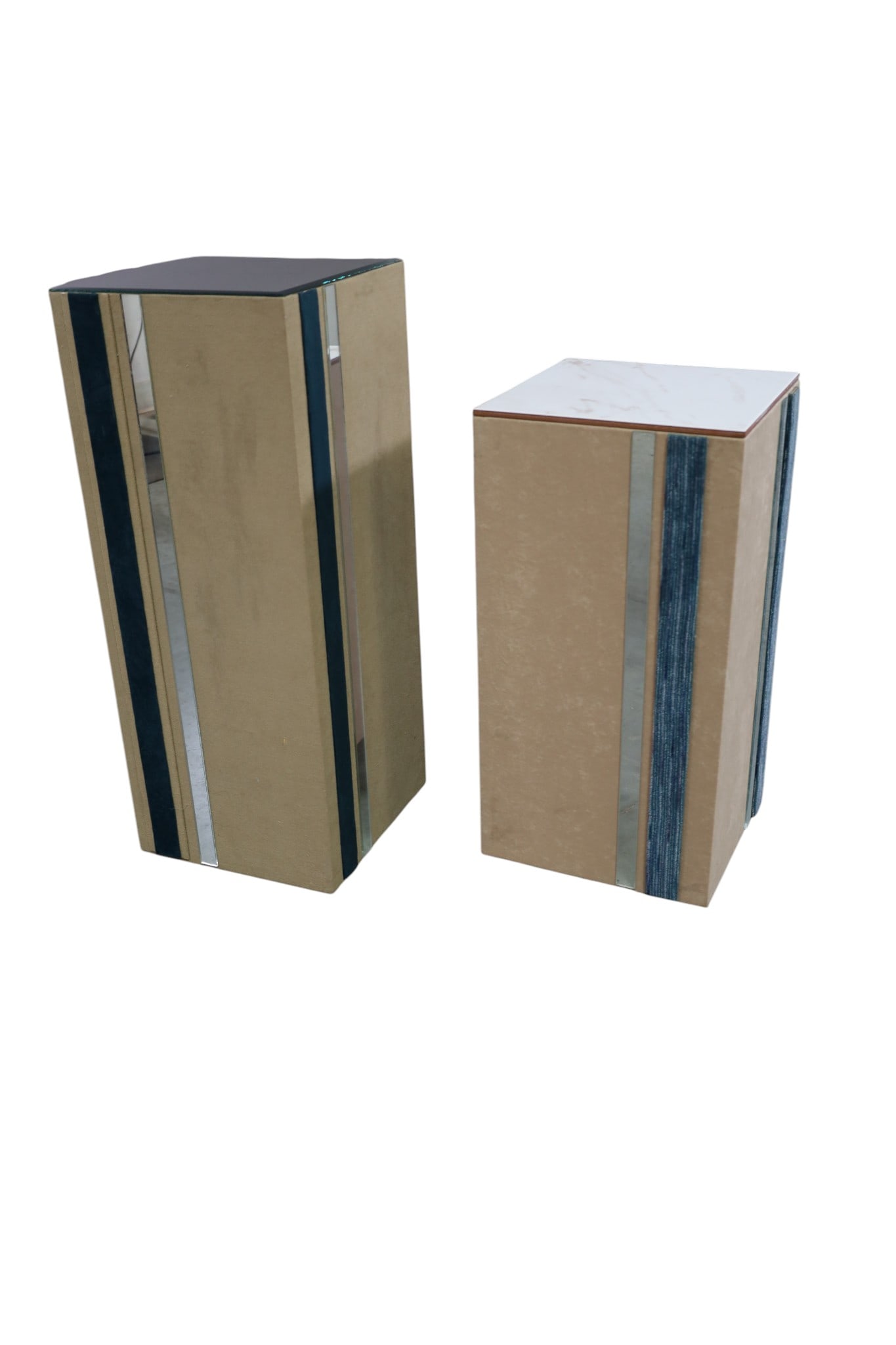 2 MCM PEDESTALS: CLOTH WRAPPED PEDESTALS, MIRRORED TOP & TILE TOP. 12" x 12" x 24" & 30 H. THIS ITEM EXCEEDS SIZE LIMITATIONS FOR IN HOUSE SHIPPING, MUST BE PICKED UP IN HOUSE OR SHIPPED VIA 3rd PARTY GROUND SHIPPER.
