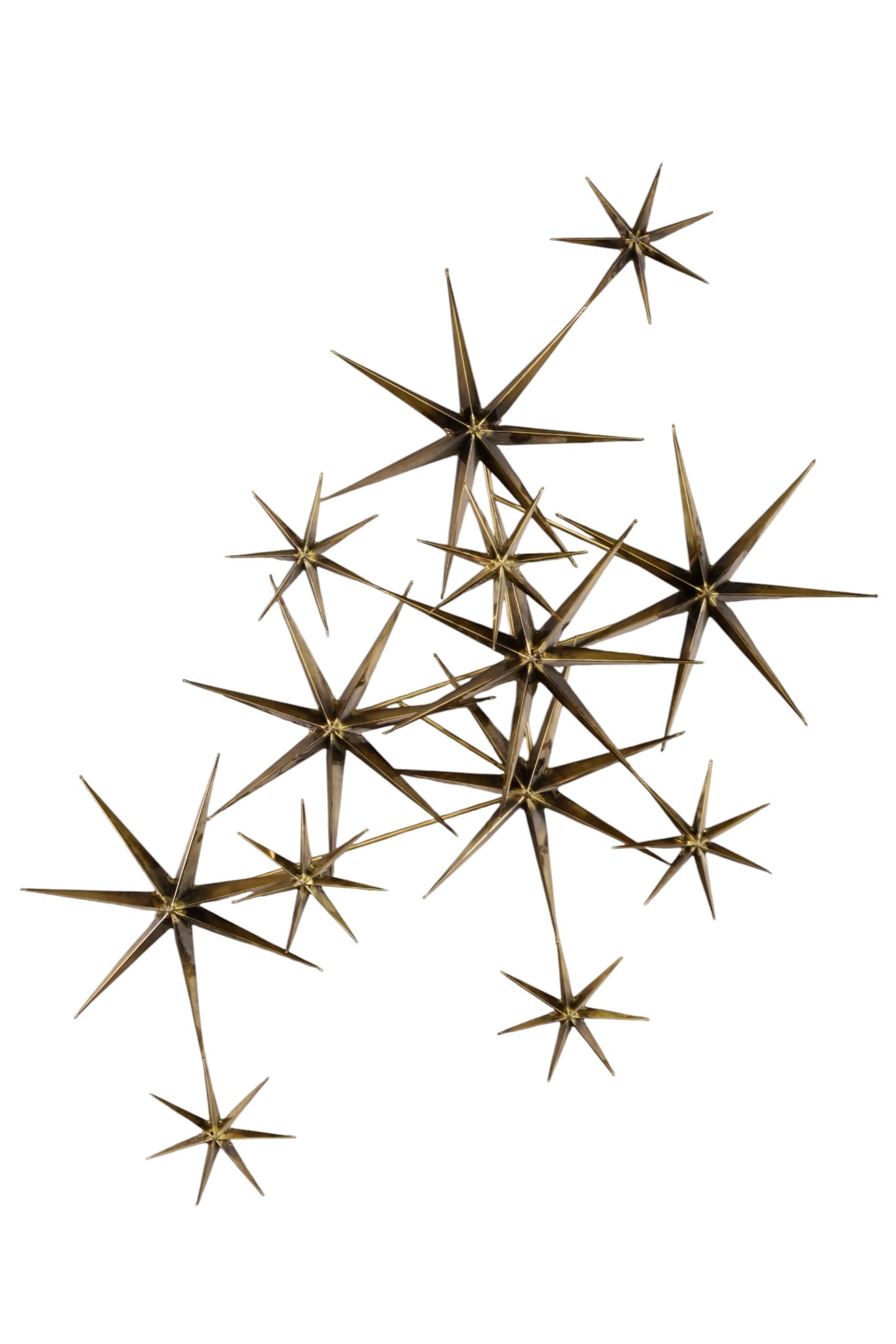 CURTIS JERE "STAR" SCULPTURE: LARGE BRASS MID CENTURY MODERN WALL SCULPTURE, SIGNED JERE. DATED 1981. 56" x 42" THIS ITEM EXCEEDS SIZE LIMITATIONS FOR IN HOUSE SHIPPING, MUST BE PICKED UP IN HOUSE OR SHIPPED VIA 3rd PARTY GROUND