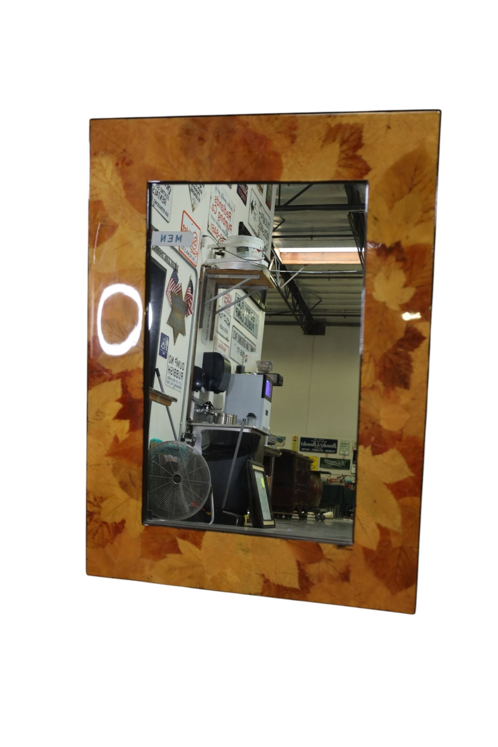 CONTEMPORARY WALL MIRROR: BURLED, HIGH GLOSS LEAF DESIGN WALL MIRROR, 31" x 43" THIS ITEM EXCEEDS SIZE LIMITATIONS FOR IN HOUSE SHIPPING, MUST BE PICKED UP IN HOUSE OR SHIPPED VIA 3rd PARTY GROUND SHIPPER.