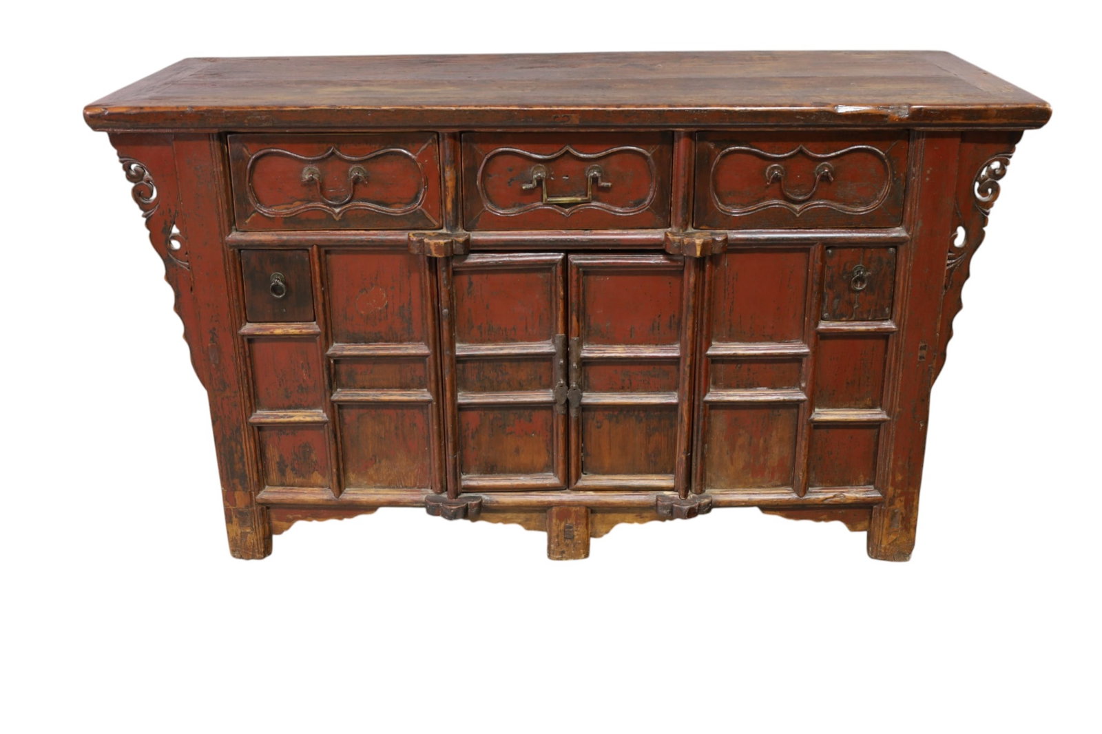 CHINESE BUFFET: LARGE CARVED CHINESE HARDWOOD BUFFET, THREE DRAWER WITH LOWER DOORS. 64" W x 24" D x 35" H. THIS ITEM EXCEEDS SIZE LIMITATIONS FOR IN HOUSE SHIPPING, MUST BE PICKED UP IN HOUSE OR SHIPPED VIA 3rd