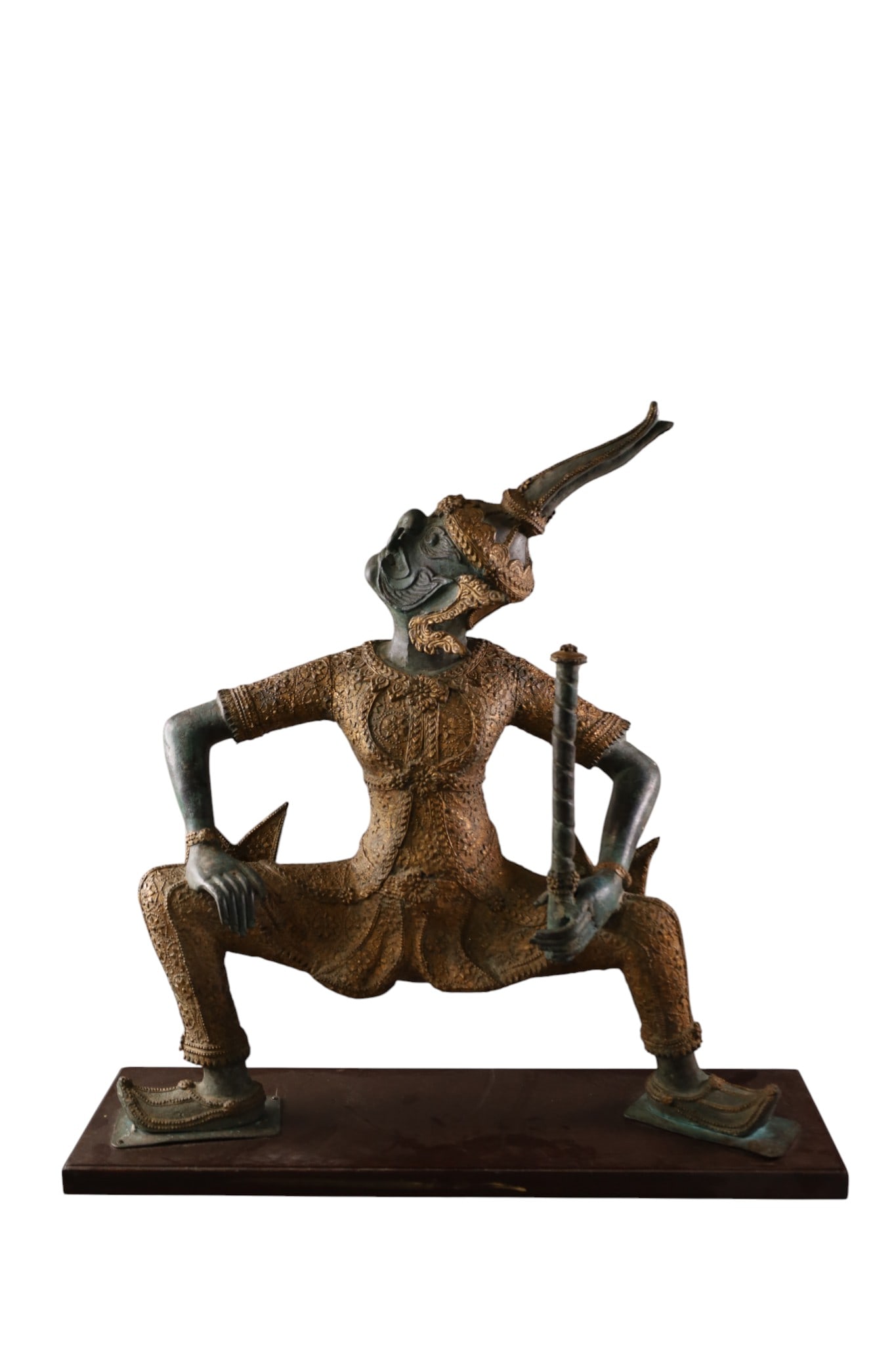 LARGE BRONZE THAI FIGURE: LARGE BRONZE THAI FIGURE, PRINCE RAMA ON WOODEN BASE. 27" W x 27" H. THIS ITEM EXCEEDS SIZE LIMITATIONS FOR IN HOUSE SHIPPING, MUST BE PICKED UP IN HOUSE OR SHIPPED VIA 3rd PARTY GROUND SHIPPER.