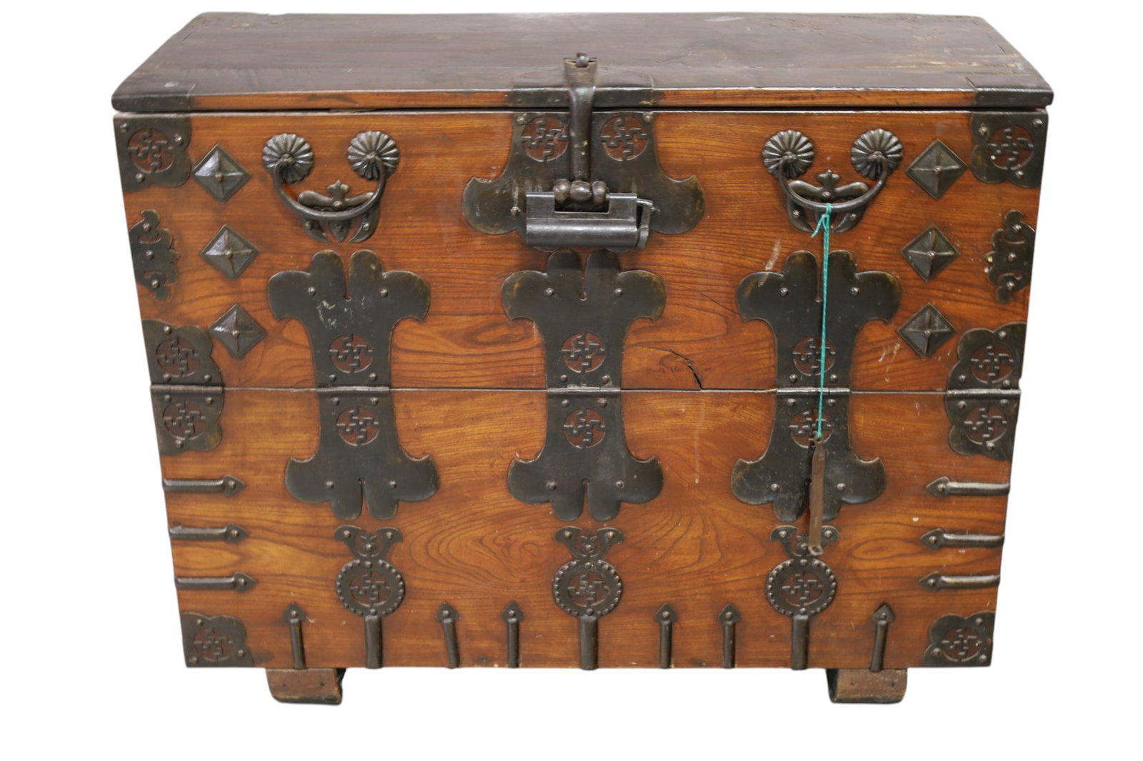 19TH CENTURY TANSU CHEST: JAPANESE METAL DECORATED TANSU CHEST, CONDITION IS CONSISTENT WITH AGE. 37" W x 16" D x 30" H. THIS ITEM EXCEEDS SIZE LIMITATIONS FOR IN HOUSE SHIPPING, MUST BE PICKED UP IN HOUSE OR SHIPPED VIA 3rd