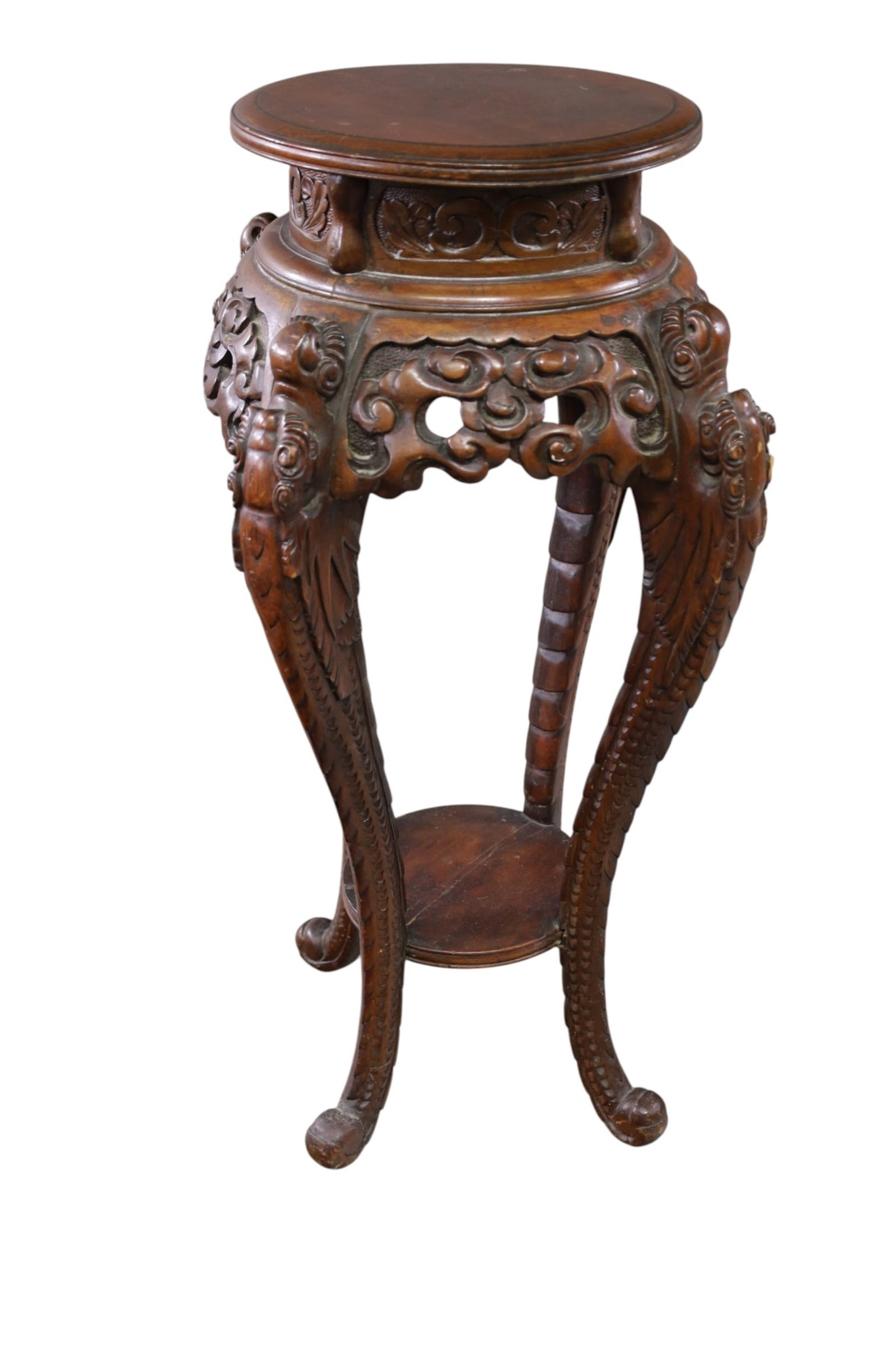 CHINESE PLANT STAND: HIGHLY CARVED CHINESE PLANT STAND, 13" DIAM TOP x 33" H. THIS ITEM EXCEEDS SIZE LIMITATIONS FOR IN HOUSE SHIPPING, MUST BE PICKED UP IN HOUSE OR SHIPPED VIA 3rd PARTY GROUND SHIPPER.