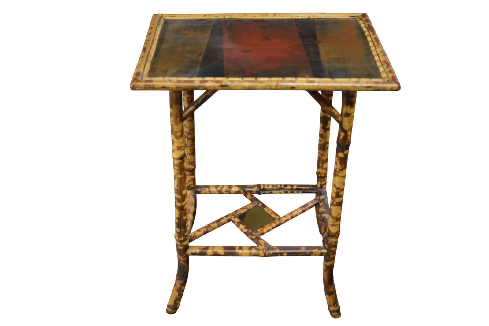 VICTORIAN RATTAN SIDE TABLE: ASIAN DECORATED TOP, VICTORIAN LAMP OR SIDE TABLE. 22" W x 16" D x 29" H. THIS ITEM EXCEEDS SIZE LIMITATIONS FOR IN HOUSE SHIPPING, MUST BE PICKED UP IN HOUSE OR SHIPPED VIA 3rd PARTY GROUND SHIPPER.