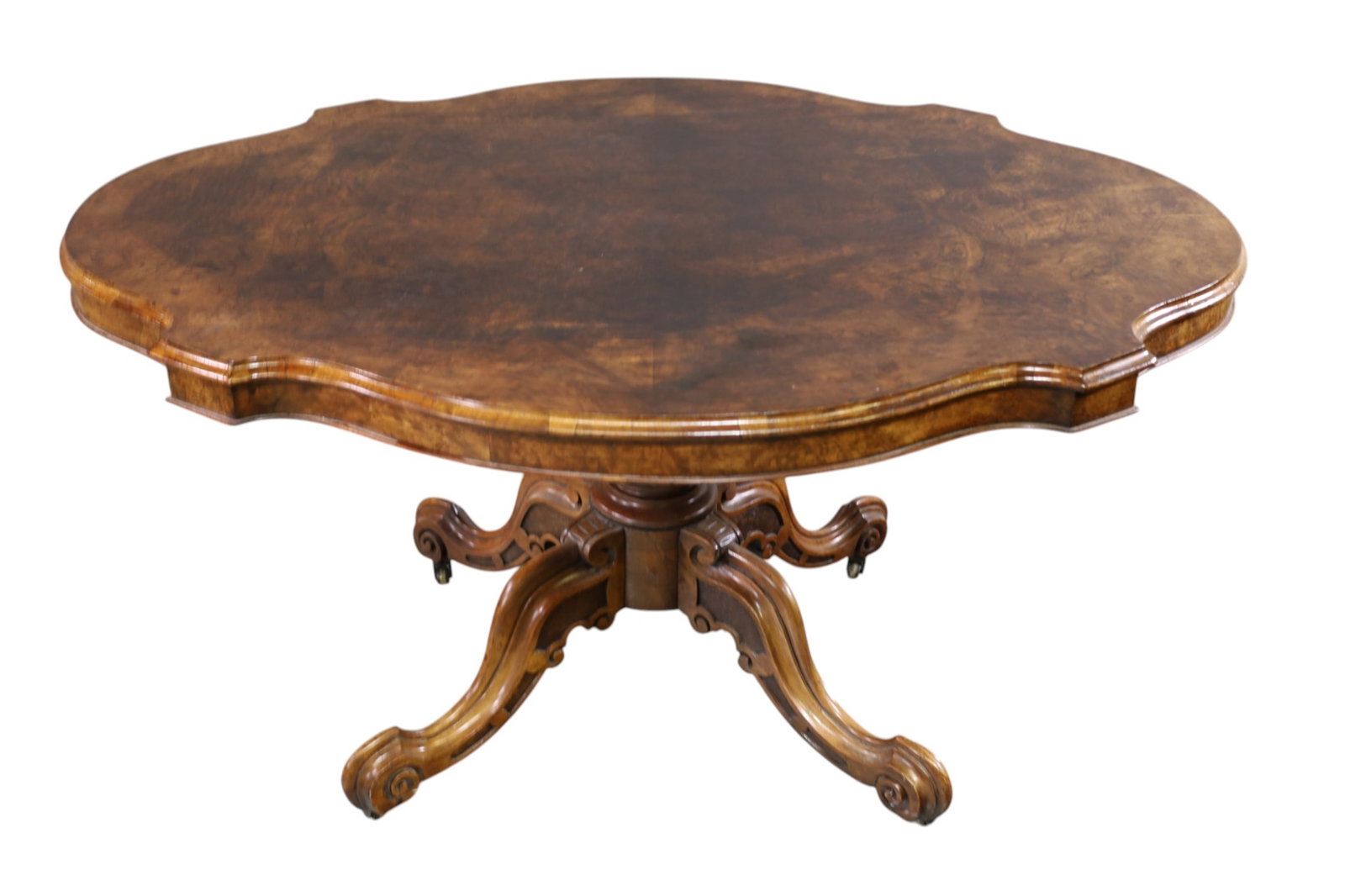 LARGE VICTORIAN TILT TOP TABLE: LARGE LATE 19TH CENTURY TURTLE TOP BURLED VICTORIAN TILT TOP TABLE, 57" L x 43" D x 30" H. THIS ITEM EXCEEDS SIZE LIMITATIONS FOR IN HOUSE SHIPPING, MUST BE PICKED UP IN HOUSE OR SHIPPED VIA 3rd