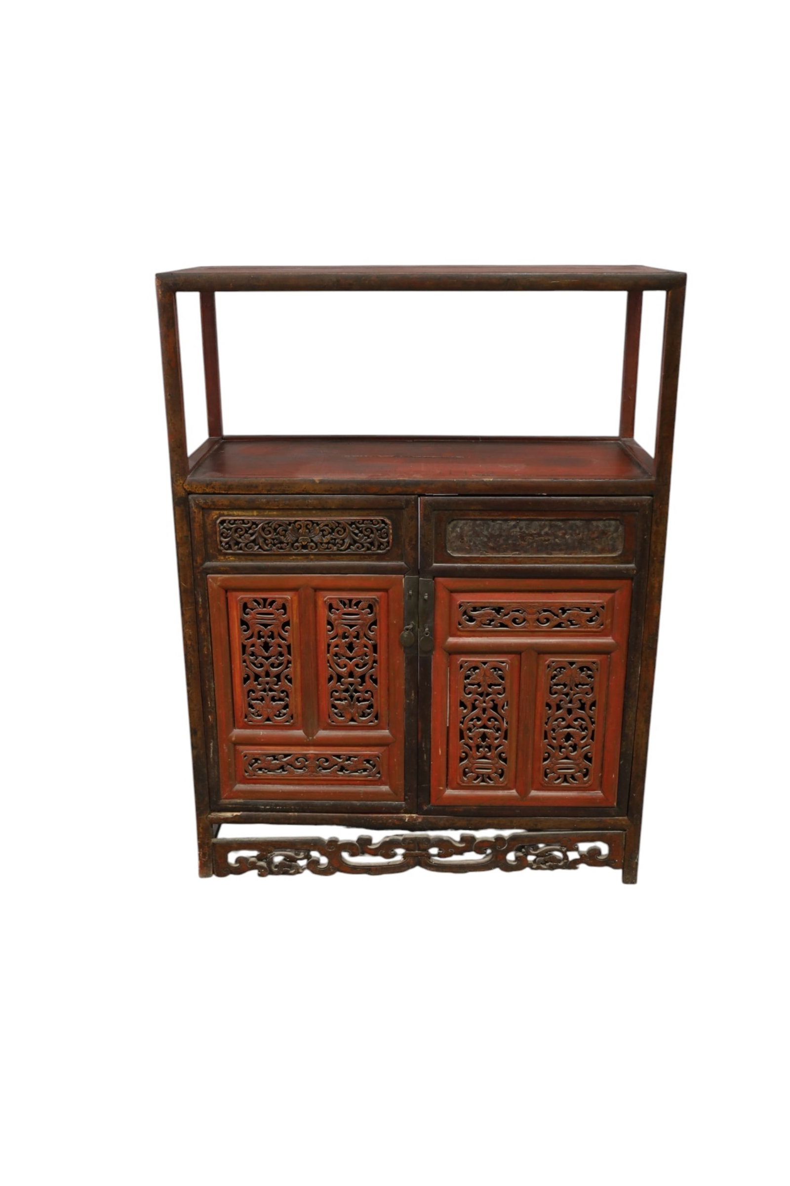 CHINESE HALL CABINET: RED LACQUER CHINESE HALL CABINET, TWO DOOR LOWER, ONE DOOR IS LOOSE. MISSING SOME SLATS TO BACK. 32" W x 14" D x 44" H. THIS ITEM EXCEEDS SIZE LIMITATIONS FOR IN HOUSE SHIPPING, MUST BE PICKED UP IN