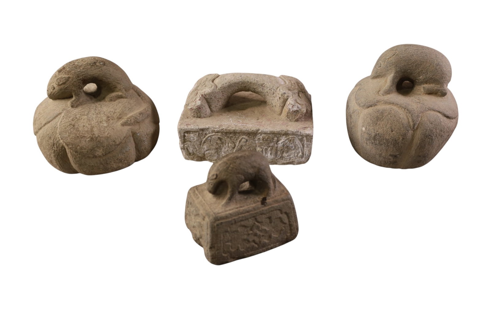 4 STONE SCULPTURES: PRE COLUMBIAN STYLE STONE SCULPTURES, 4 1/2" - 6" H.