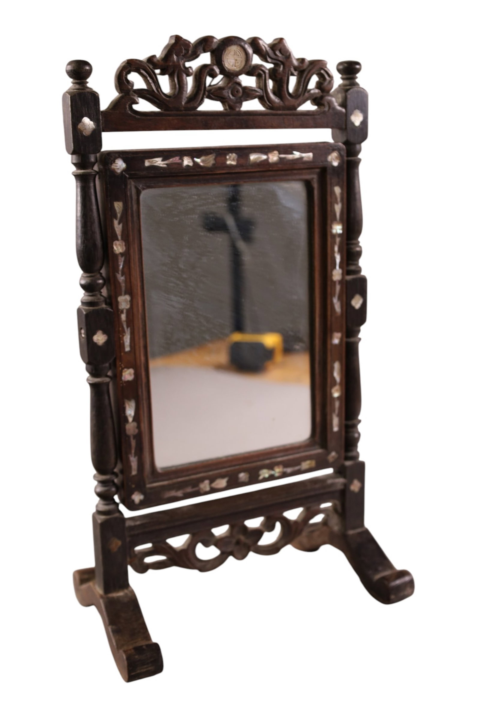 CHINESE VANITY MIRROR: INLAID HARDWOOD CHINESE VANITY MIRROR, TABLE TOP. 8 1/2" W x 16" H.