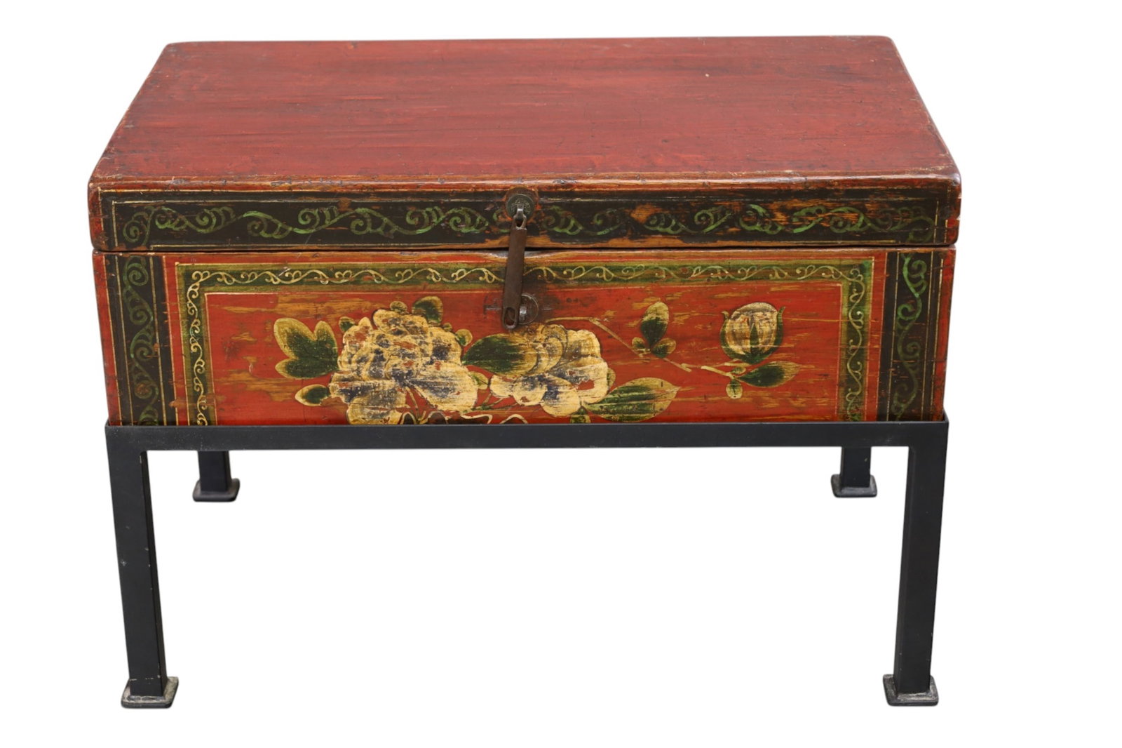 CHINESE TRUNK ON STAND: RED LACQUER CHINESE TRUNK ON STAND, 30" W x 17 1/2" D x 21" H. THIS ITEM EXCEEDS SIZE LIMITATIONS FOR IN HOUSE SHIPPING, MUST BE PICKED UP IN HOUSE OR SHIPPED VIA 3rd PARTY GROUND SHIPPER.