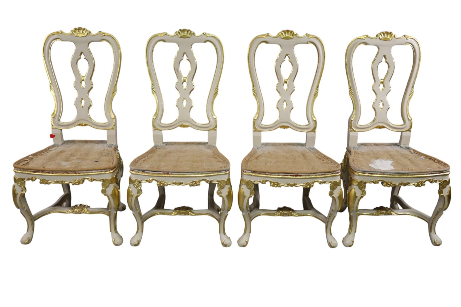SET OF 4 ITALIAN SIDE CHAIRS: SET OF 4 PAINTED FINISH, ITALIAN SIDE CHAIRS, 20" W x 17" D x 42 1/2" H. THIS ITEM EXCEEDS SIZE LIMITATIONS FOR IN HOUSE SHIPPING, MUST BE PICKED UP IN HOUSE OR SHIPPED VIA 3rd PARTY GROUND SHIPPER.