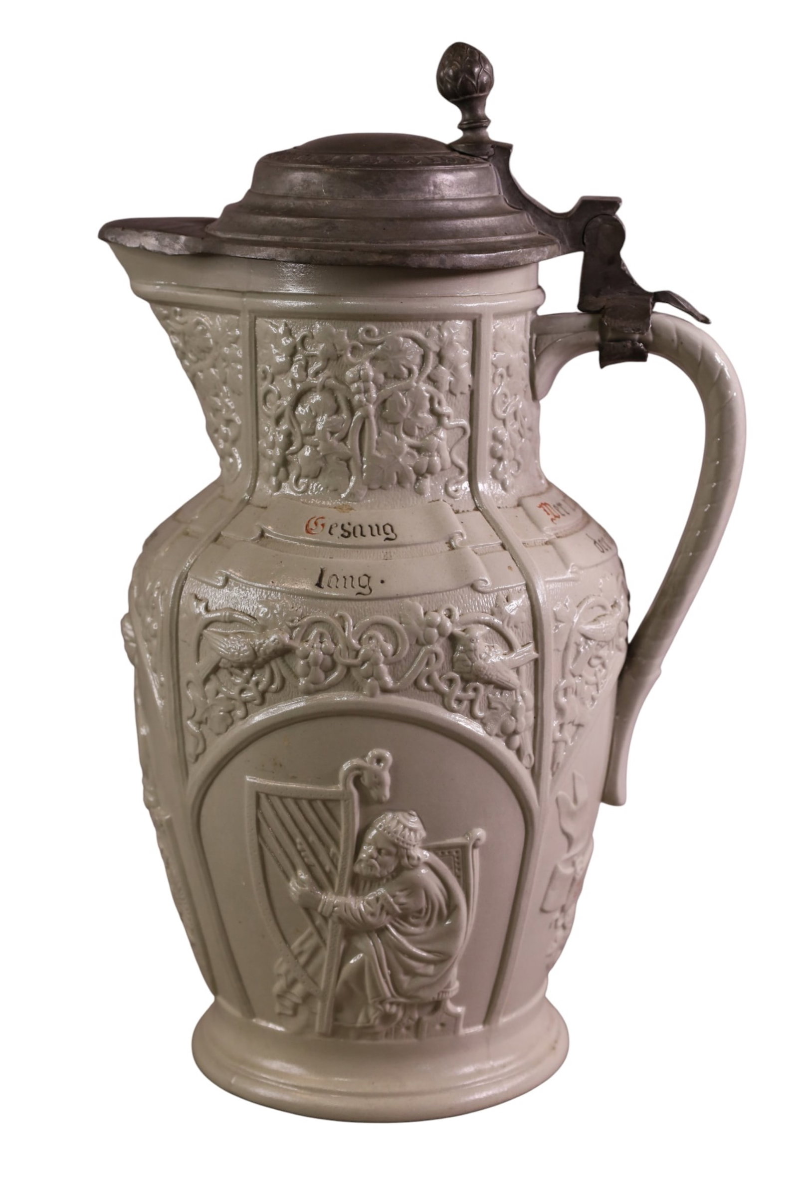 VILLROY & BACH STONEWARE STEIN: METTLACH VILLEROY AND BACH STONEWARE STEIN, WITH PEWTER LID (LOOSE), No. 6. HALL AMREKD BASE. 10" H.