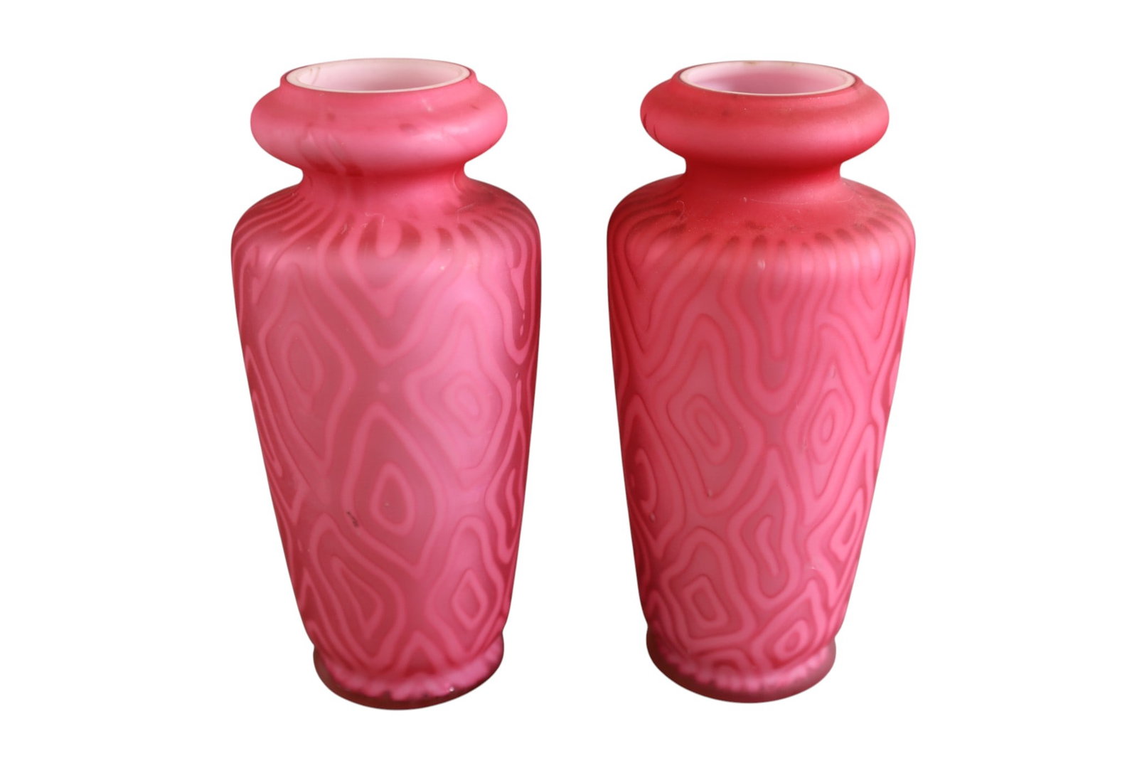 2 SATIN GLASS VASES: SATIN GLASS VASES, DIAMOND QUILTED PATTERN, 6 1/2" H.