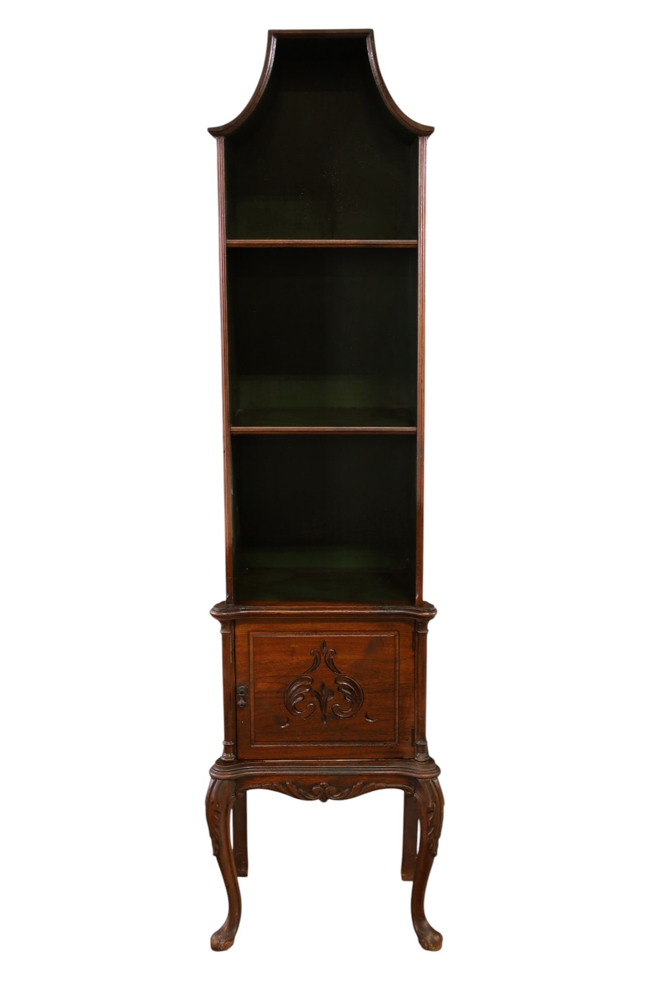 1920'S NARROW MAHOGANY OPEN BOOKCASE: NARROW MAHOGANY OPEN BOOKCASE, LOWER DOOR. WEAR TO FINISH. 16" W x 12" D x 60" H. THIS ITEM EXCEEDS SIZE LIMITATIONS FOR IN HOUSE SHIPPING, MUST BE PICKED UP IN HOUSE OR SHIPPED VIA 3rd PARTY GROUND