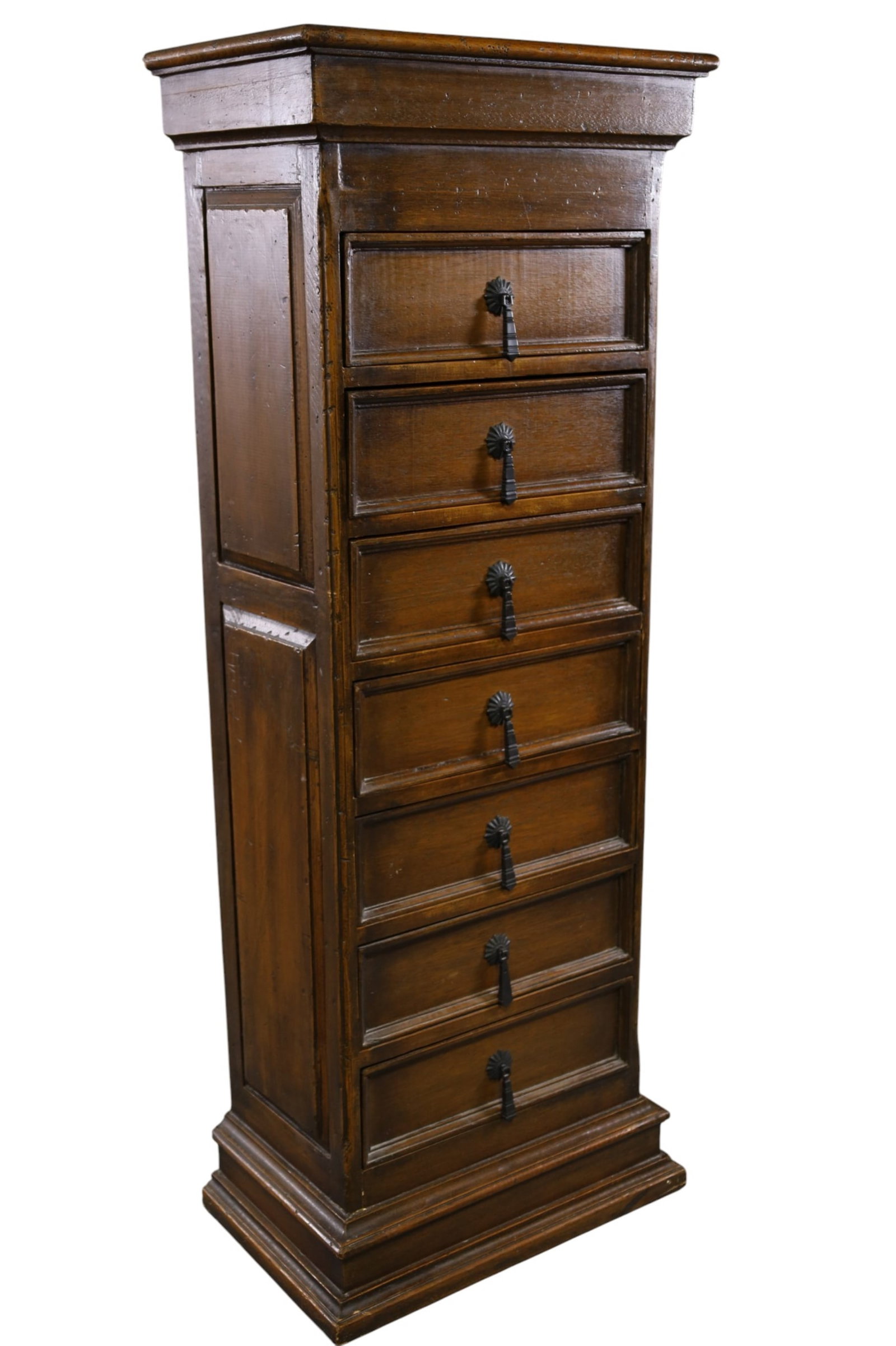 MEXICAN TALL CHEST: TALL MEXICAN LINGERE CHEST, 7 DRAWER. 21" W x 12 1/2" D x 55" H. THIS ITEM EXCEEDS SIZE LIMITATIONS FOR IN HOUSE SHIPPING, MUST BE PICKED UP IN HOUSE OR SHIPPED VIA 3rd PARTY GROUND SHIPPER.