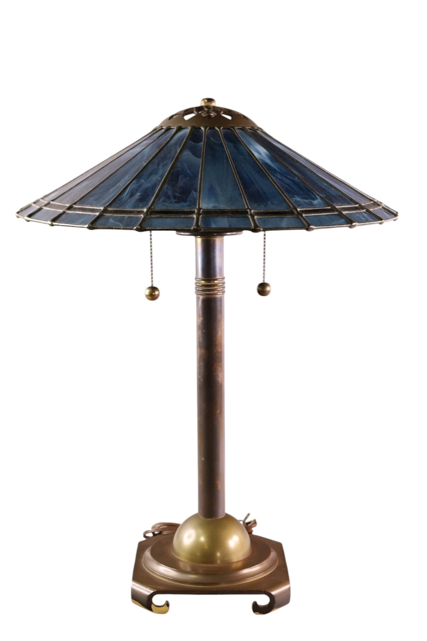 SLAG GLASS TABLE LAMP: DOUBLE SOCKET, ARTS & CRAFTS STYLE SLAG GLASS TABLE LAMP, MISSING SOME BRASS PLATING. 18" DIAM x 24" H.