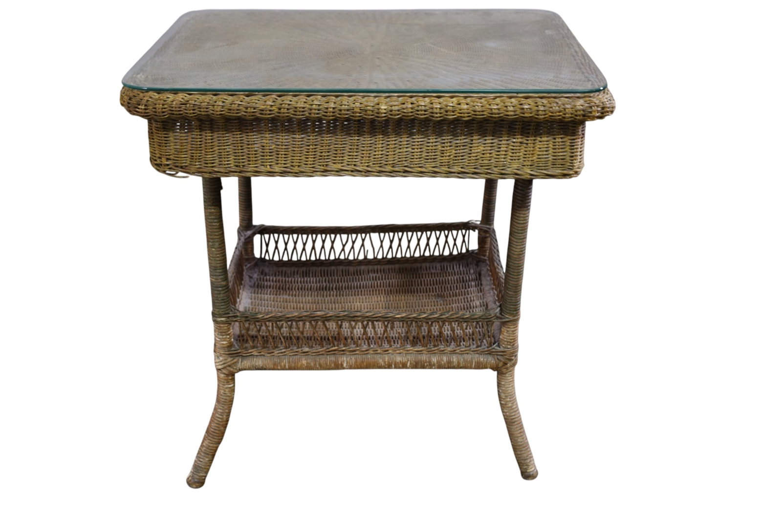 VICTORIAN WICKER LAMP TABLE: LOOSE AT JOINTS! TWO TIER VICTORIAN WICKER LAMP TABLE. 26" W x 20" D x 28" H. THIS ITEM EXCEEDS SIZE LIMITATIONS FOR IN HOUSE SHIPPING, MUST BE PICKED UP IN HOUSE OR SHIPPED VIA 3rd PARTY GROUND
