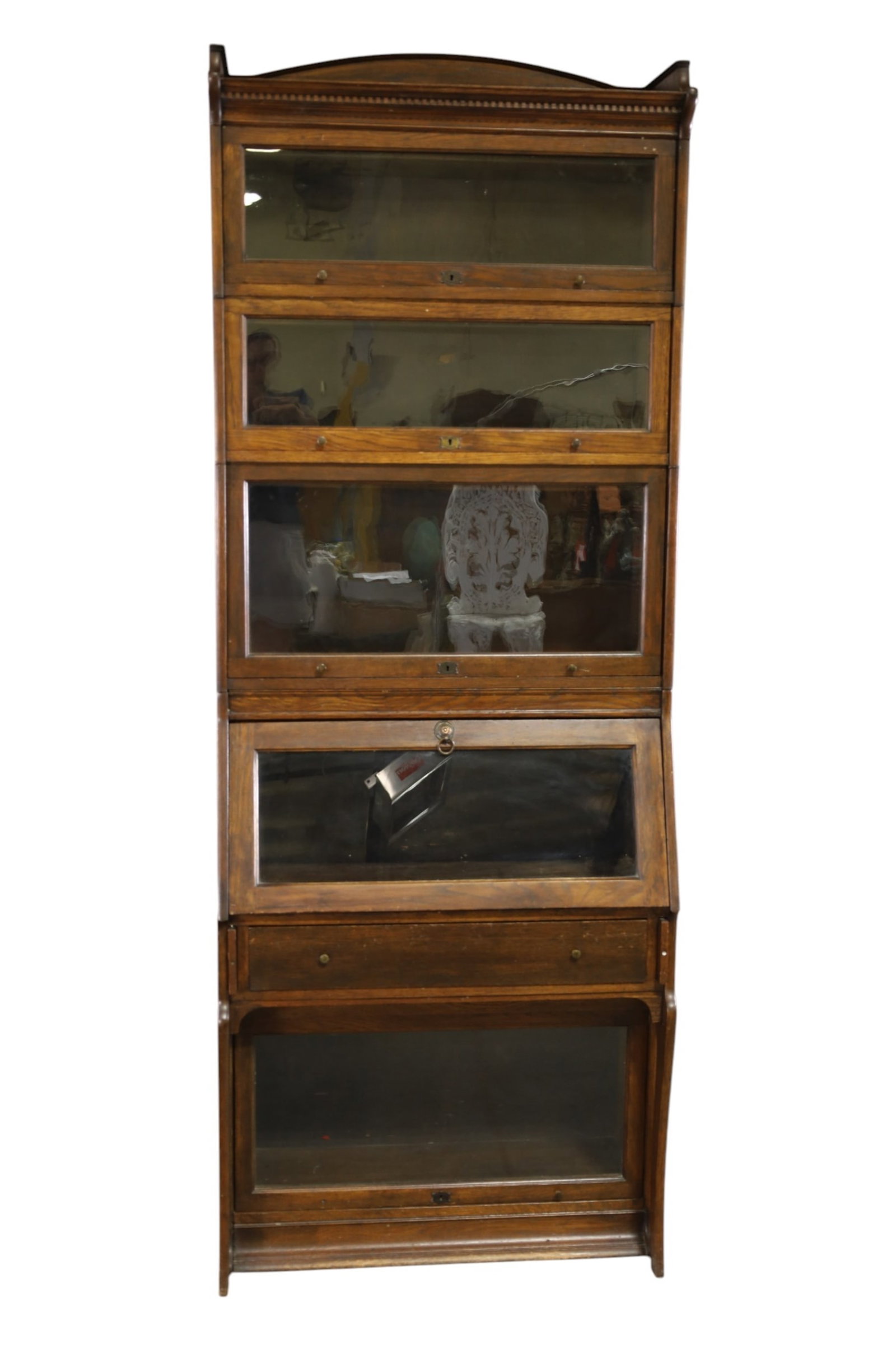UNUSUAL LEBUS OAK STACKING BOOKCASE: 5 STACK LEBUS STACKING LAWYERS BOOKCASE WITH DROP FRONT DESK, SINGLE DRAWER, MARKED LEBUS. WEAR TO FINISH. 35" W x 17" D x 92" H. THIS ITEM EXCEEDS SIZE LIMITATIONS FOR IN HOUSE SHIPPING, MUST BE PICK