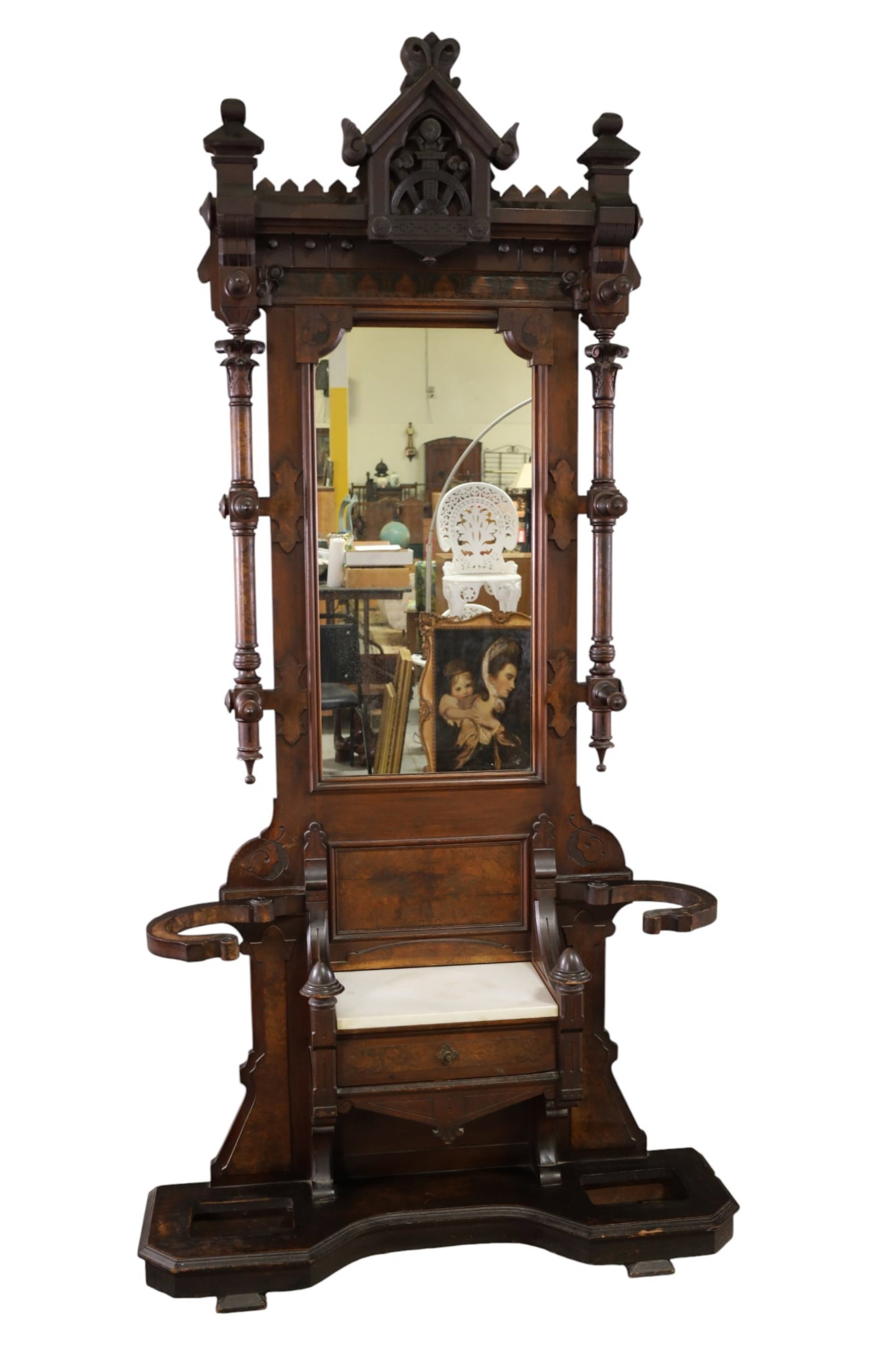 VICTORIAN HALLTREE: LARGE VICTORIAN HALLTREE, MIRRORED BACK, MISSING DRIP TRAYS. WEAR TO FINISH. 44" W x 13" D x 92" H. THIS ITEM EXCEEDS SIZE LIMITATIONS FOR IN HOUSE SHIPPING, MUST BE PICKED UP IN HOUSE OR SHIPPED VIA