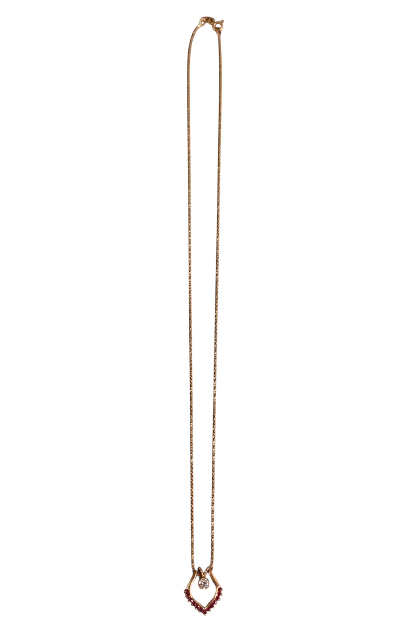 14K GOLD & RUBY NECKLACE: 14K GOLD AND RUBY NECKLACE, DIAMOND PENDANT. APPROX 3 GRAMS. 20" L.