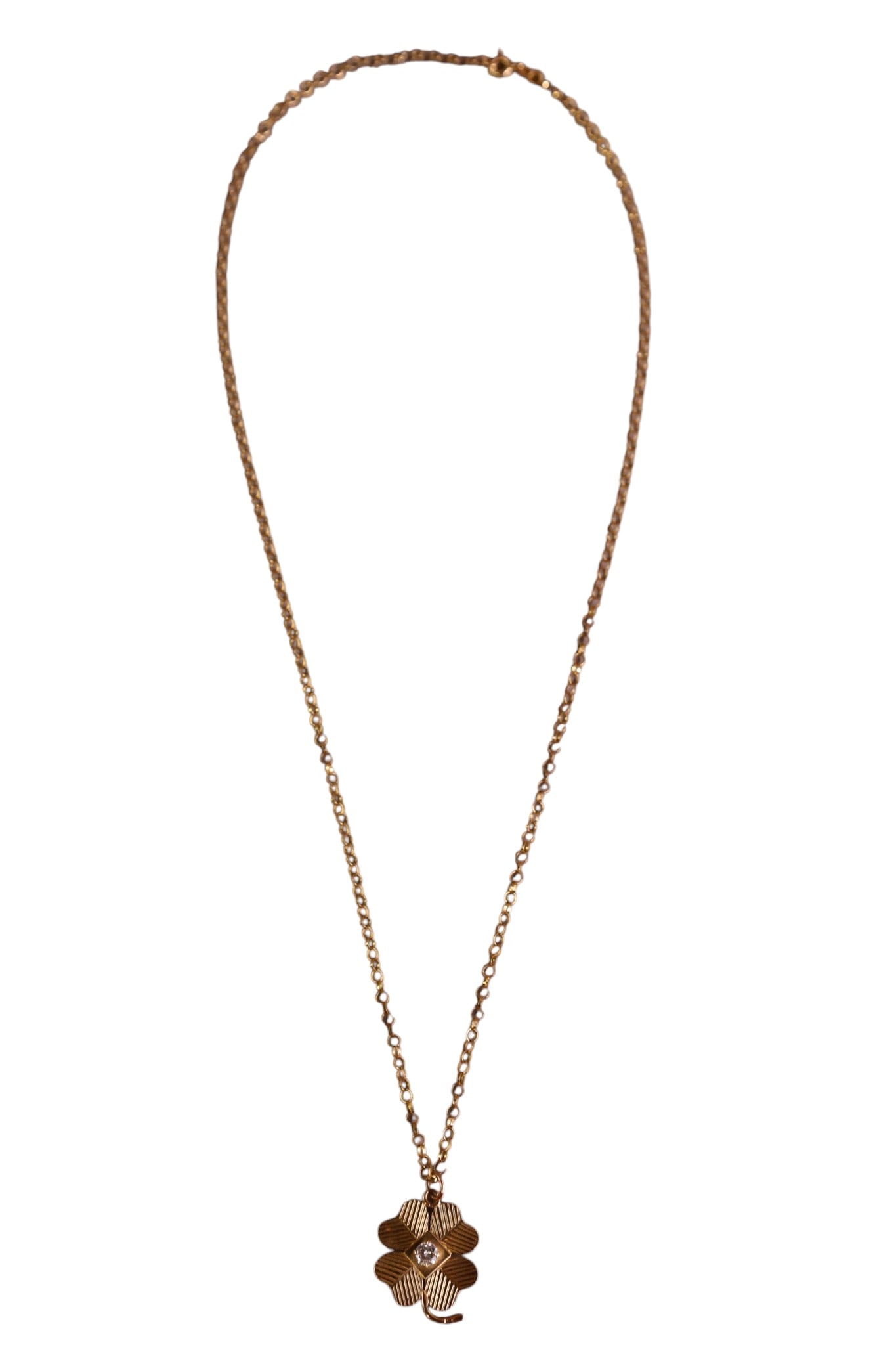 14K GOLD NECKLACE: 14K GOLD NECKLACE WITH 14K 4 LEAF CLOVER, PENDANT AND DIAMOND CENTER STONE. APPROX 5 GRAMS. 20" L.