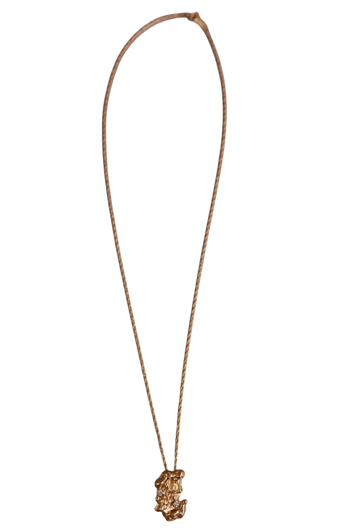 14K GOLD NUGGET NECKLACE: 14K GOLD CHAIN WITH GOLD NUGGET, STYLE PENDANT WITH DIAMONDS. APPROX 5 GRAMS. 16" L