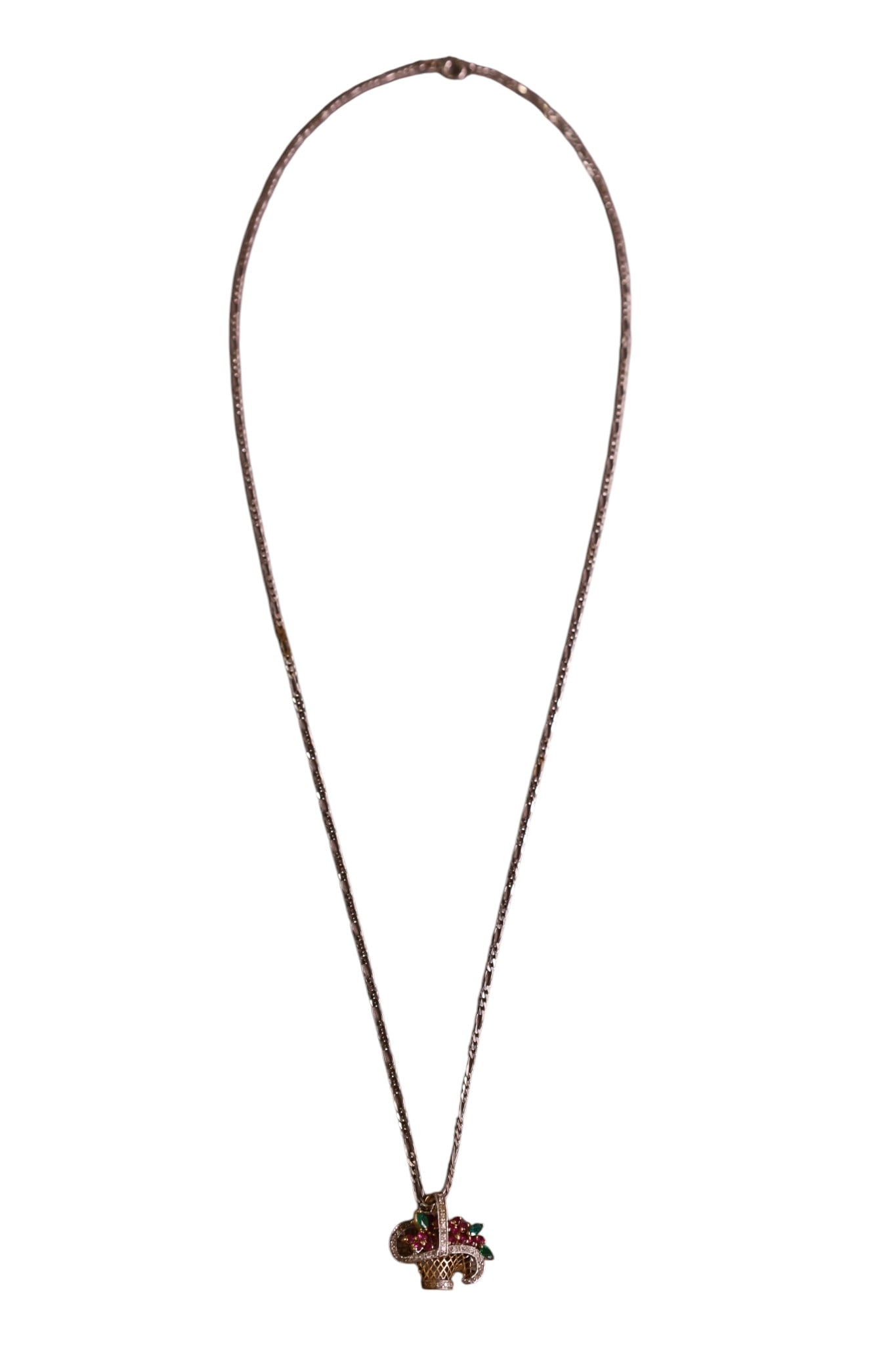 14K GOLD WITH PENDANT: 14K GOLD, CHAIN WITH 14K GOLD FLOWER BASKET PENDANT, RUBY, EMERALDS, AND DIAMONDS. APPROX 9 GRAMS.