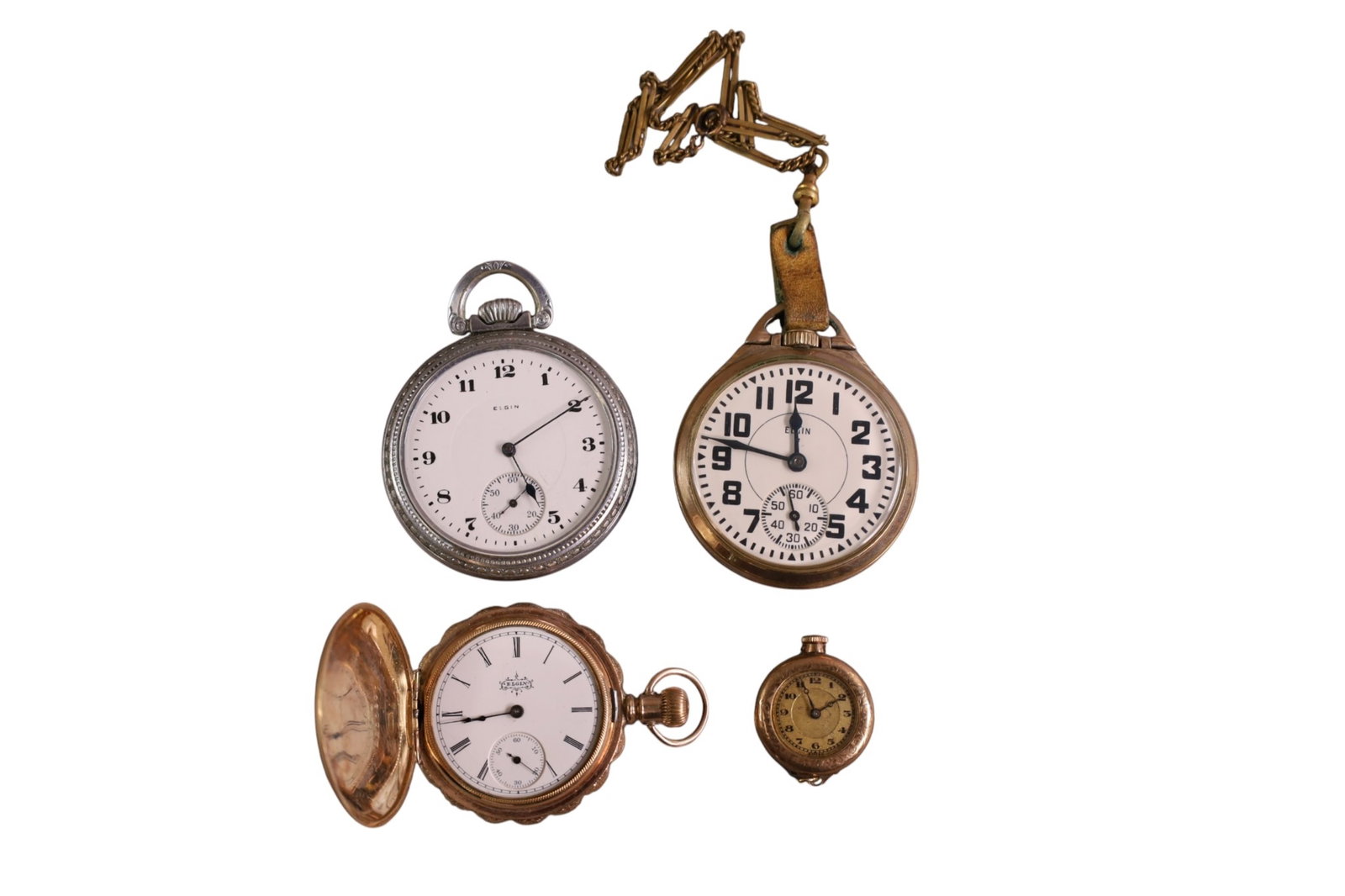 4 POCKET WATCHES: ELGIN RAILROAD 17 JEWEL & ELGIN GOLD FILLED 21 JEWEL WITH FOB, & ELGIN ENGRAVED GOLD FILLED, MISSING GLASS. & SMALL 15 JEWEL WATCH, ALL WATCHES ARE SOLD AS IS WE DO NOT GUARANTEE WORKING ORDER.